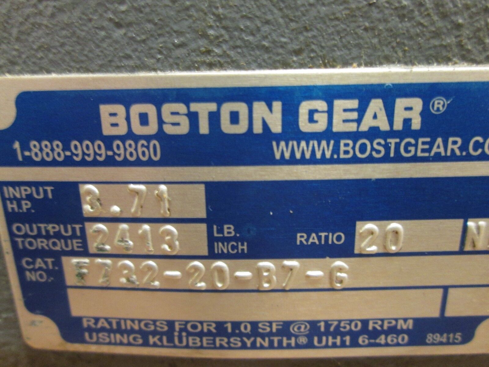 Boston Gear Reducer F732-20-B7-G Ratio 20:1 3.71 HP In 2413 In LB Torque Out