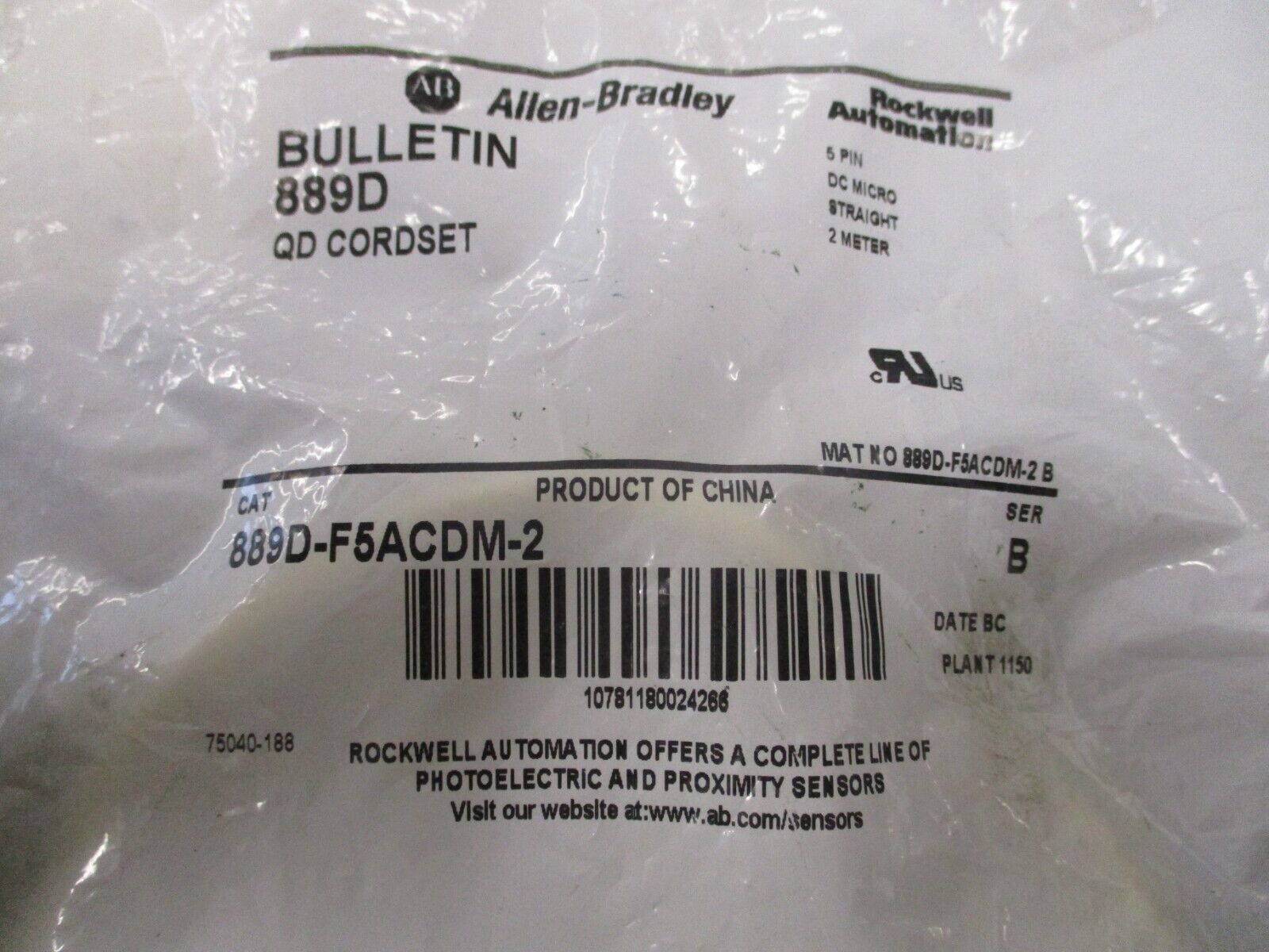 Allen-Bradley QD Cordset 889D-F5ACDM-2 Ser. B 5 pin 2 Meter DC Micro New Surplus