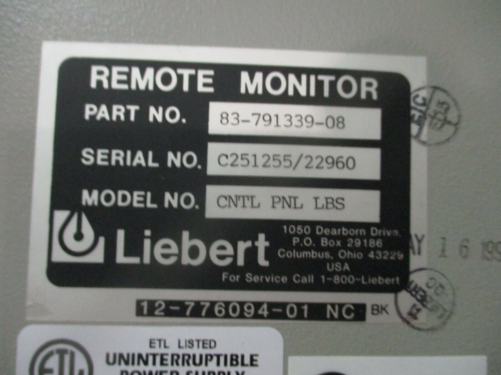 Liebert Load Bus Synchronization Remote Monitor Panel 83-791339-08 Used