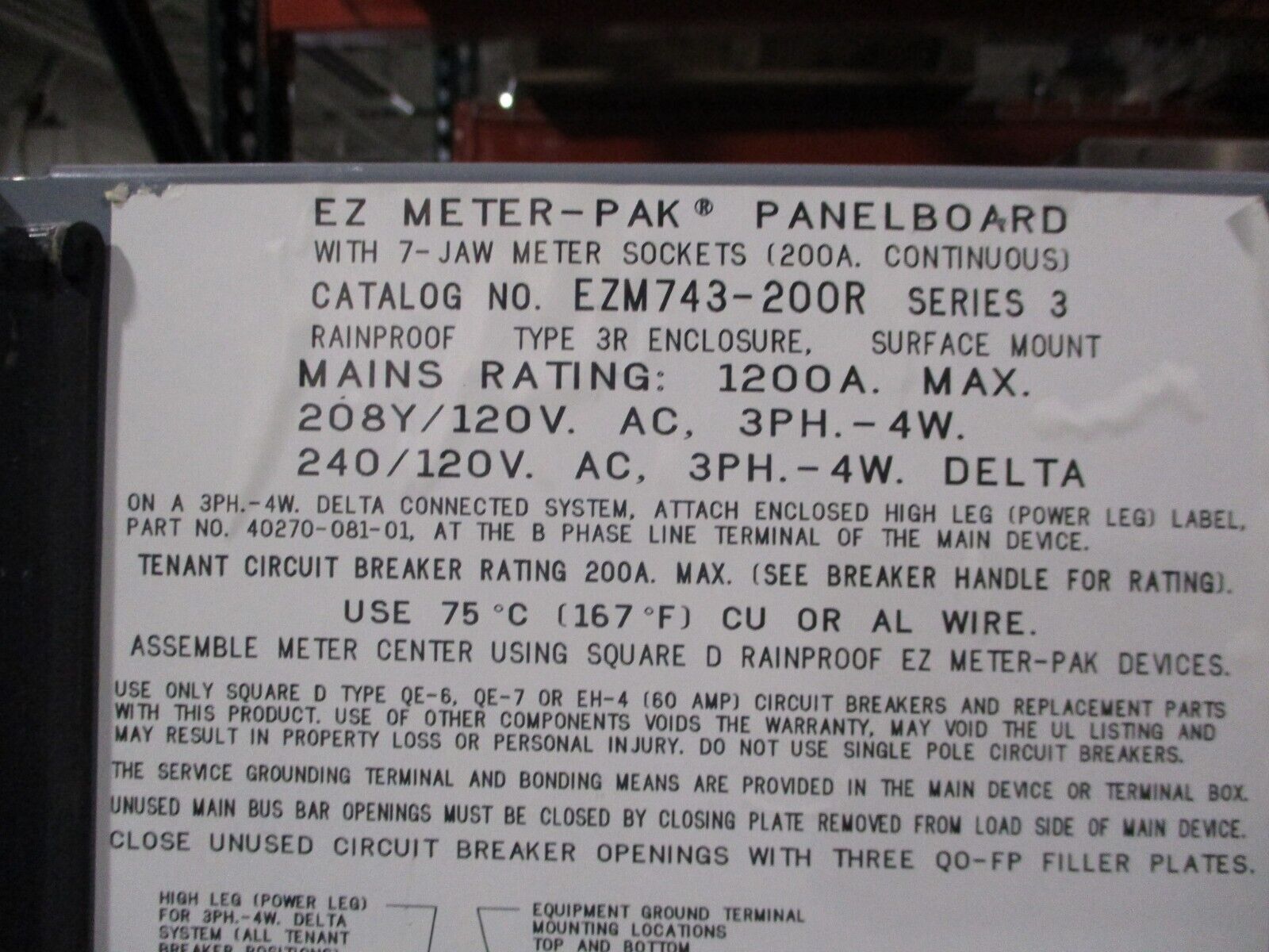 Square D 3R EZM Meter Center w/ Terminal Box EZM743200R / EZM4800TBR 6-Position