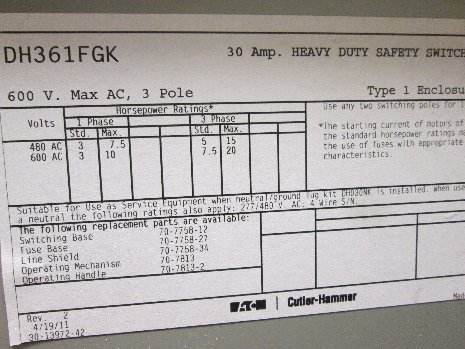Cutler-Hammer Fusible Safety Switch DH361FGK 30A 600V 3Ph Used