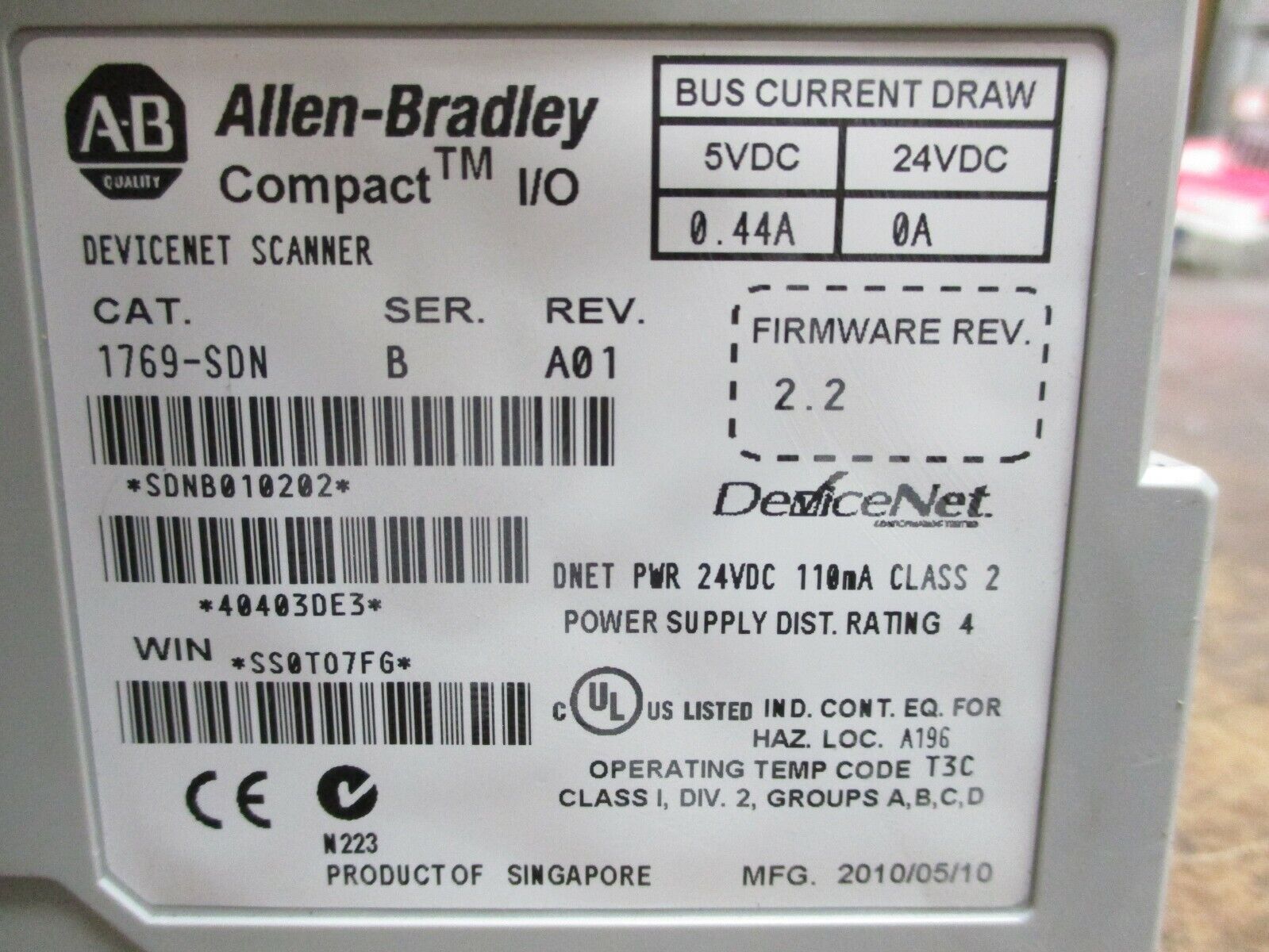 Allen-Bradley Compact I/O Devicenet Scanner 1769-SDN Ser. B Rev. A01 F/W Rev:2.2