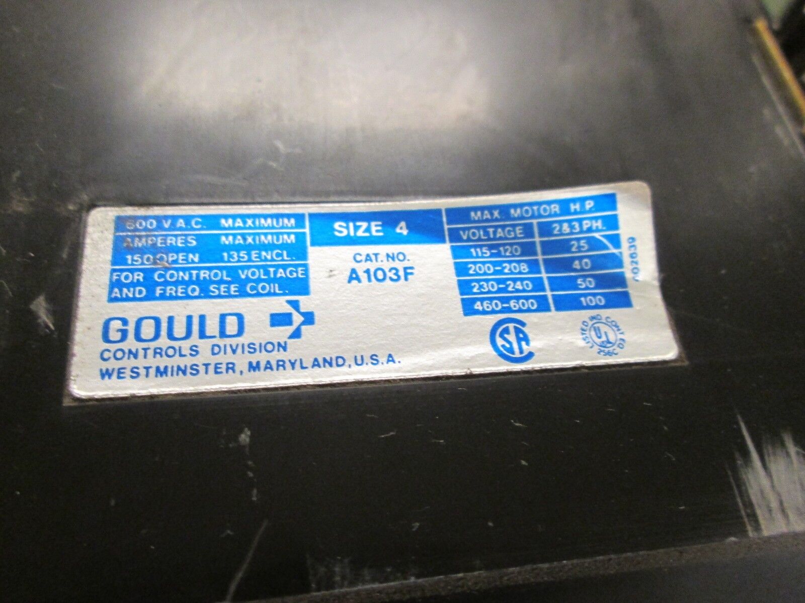 Gould Size 4 Contactor A103F 600V 135A 480V Coil Used
