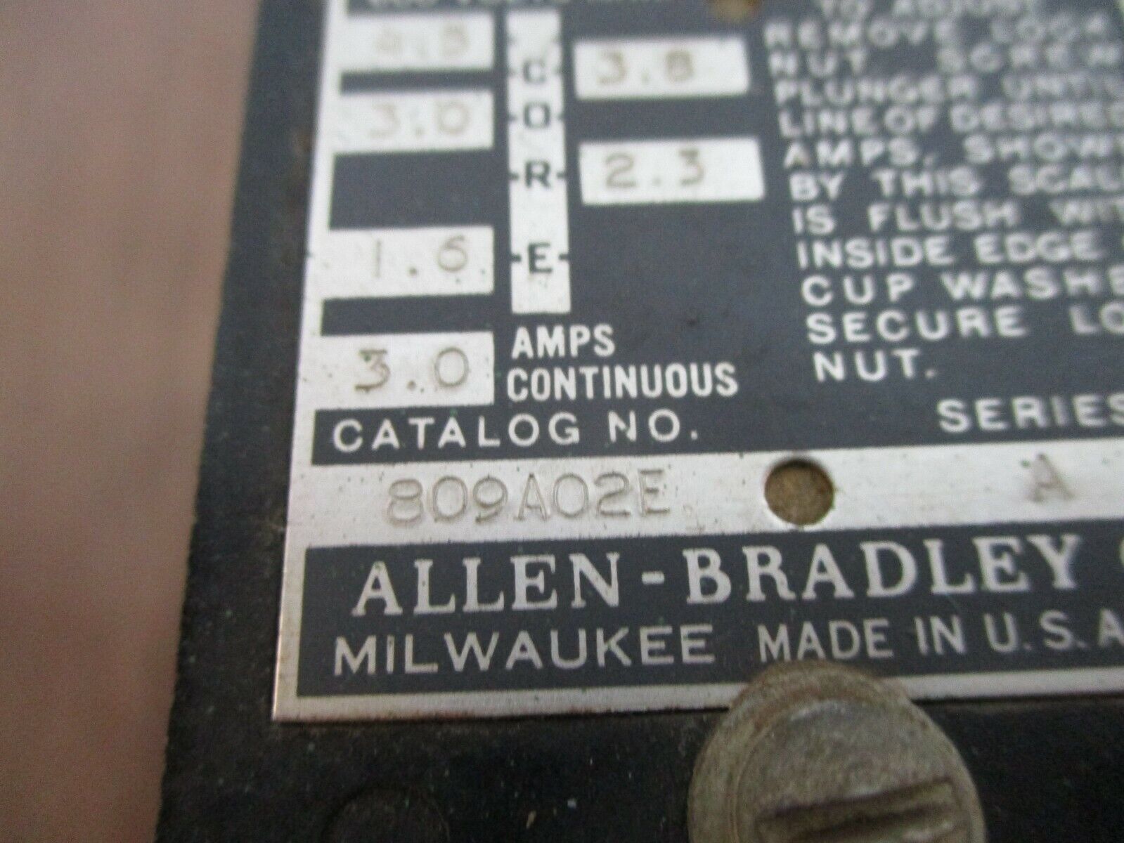 Allen-Bradley Instantaneous Current Relay 809A02E Ser. A 3.0A Continuous 600V