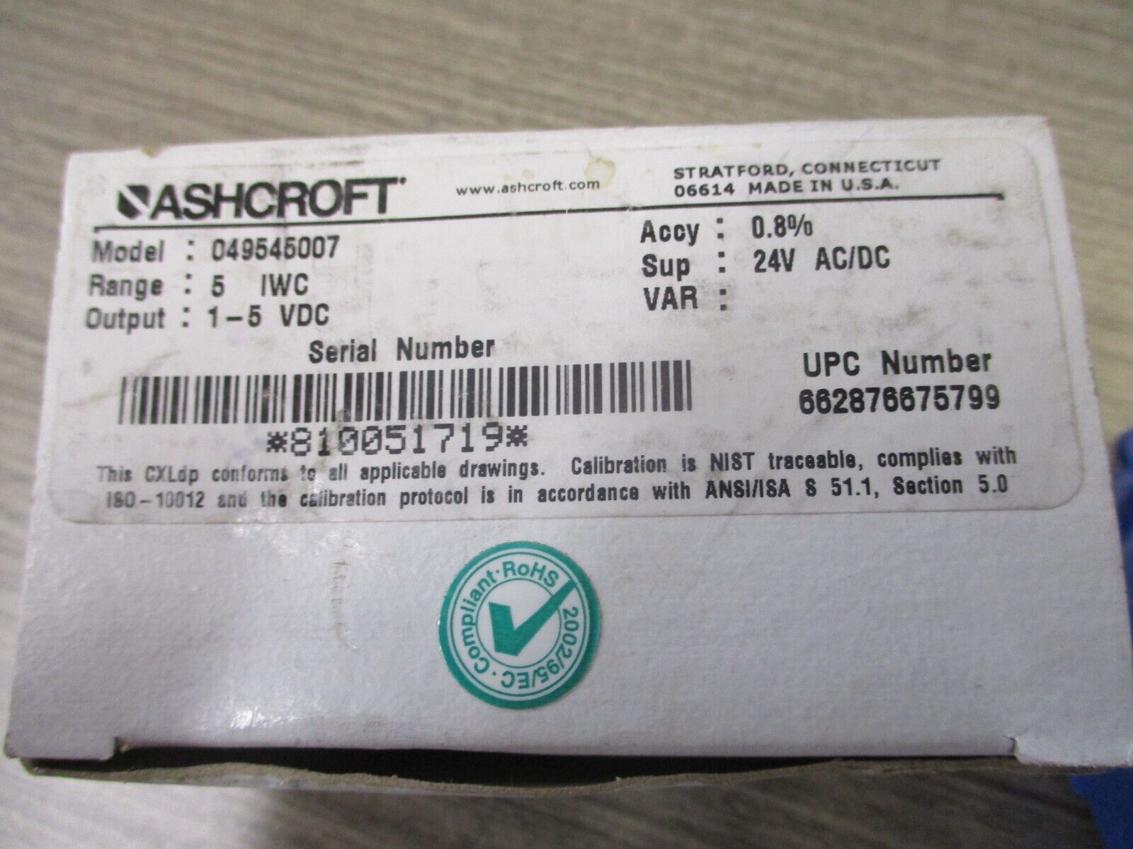 Ashcroft Static Pressure Sensor 049545007 Supply : 24 V AC/DC *New Surplus*