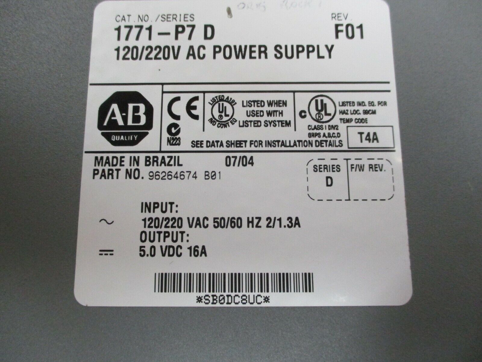 Allen-Bradley Power Supply 1771-P7/D Rev. F01 Output: 5VDC 16A Used