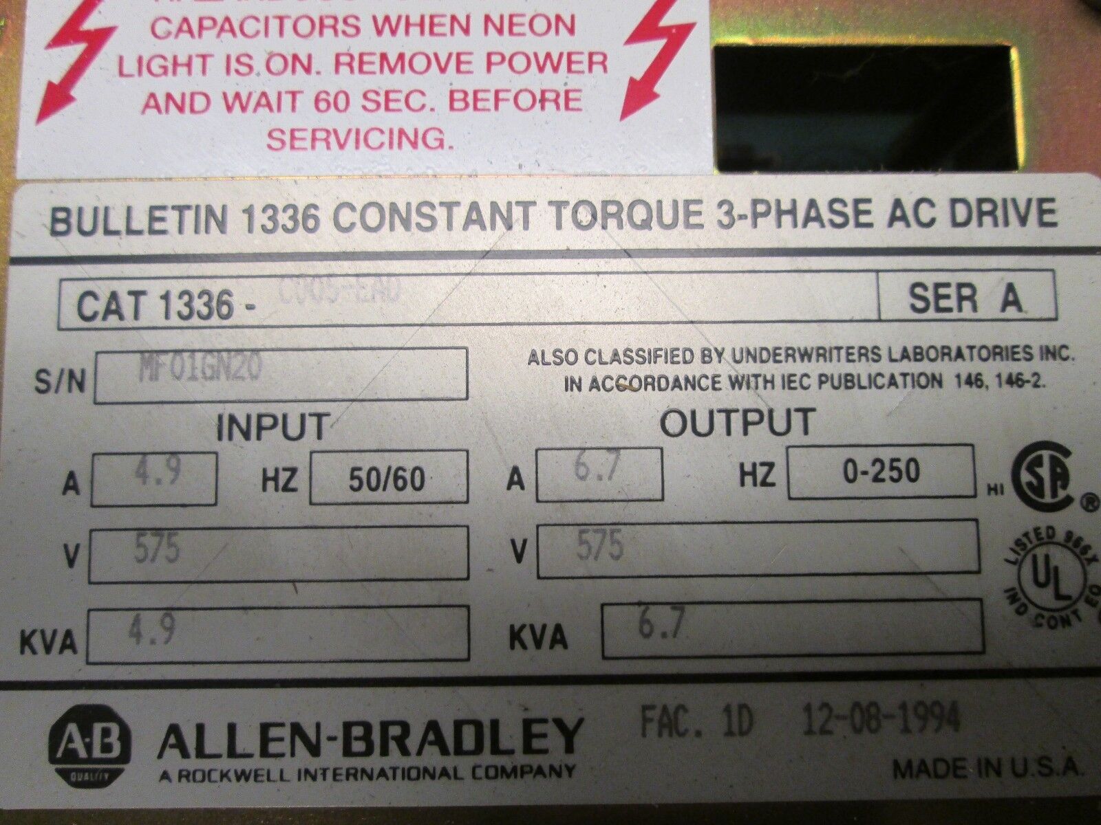 Allen-Bradley 1336 AC Drive 1336-C005-EAD 5HP *Missing Cover* Used
