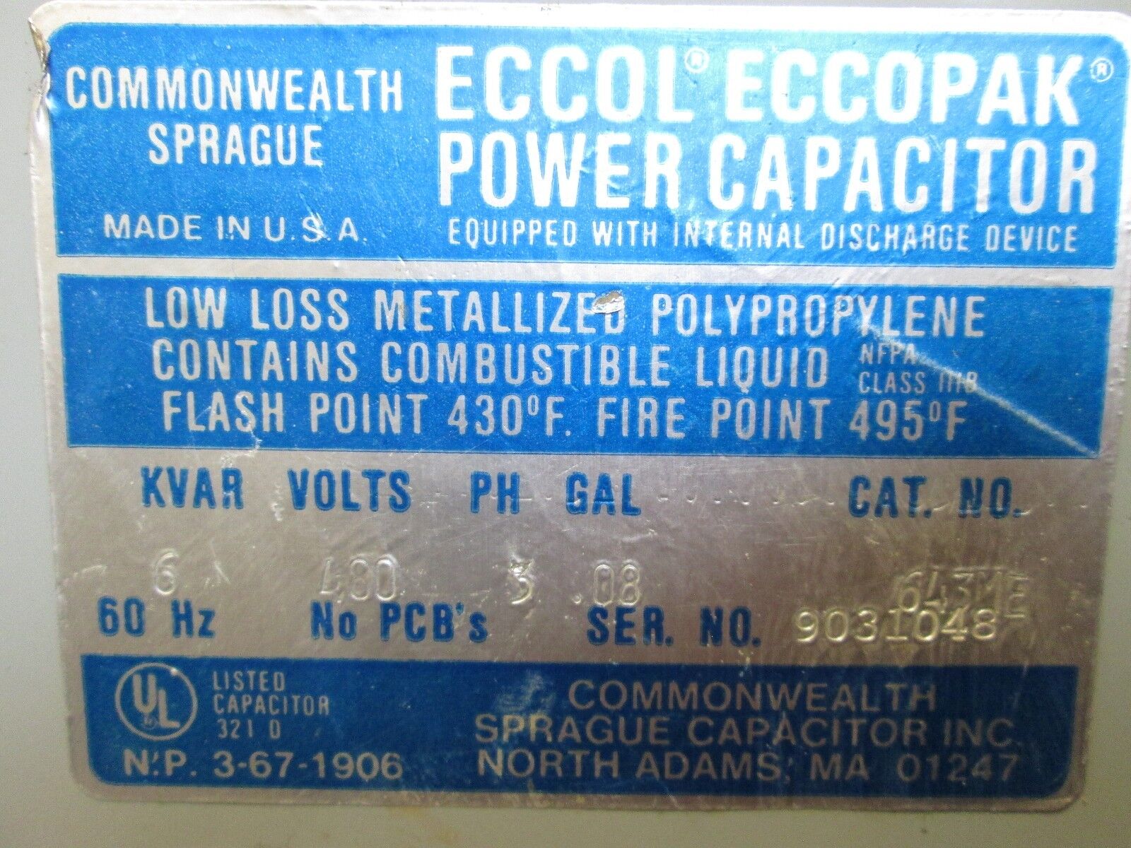 Commonwealth Sprague Eccol Eccopak Power Capacitor 643ME 6 KVAR 480V 3Ph Used