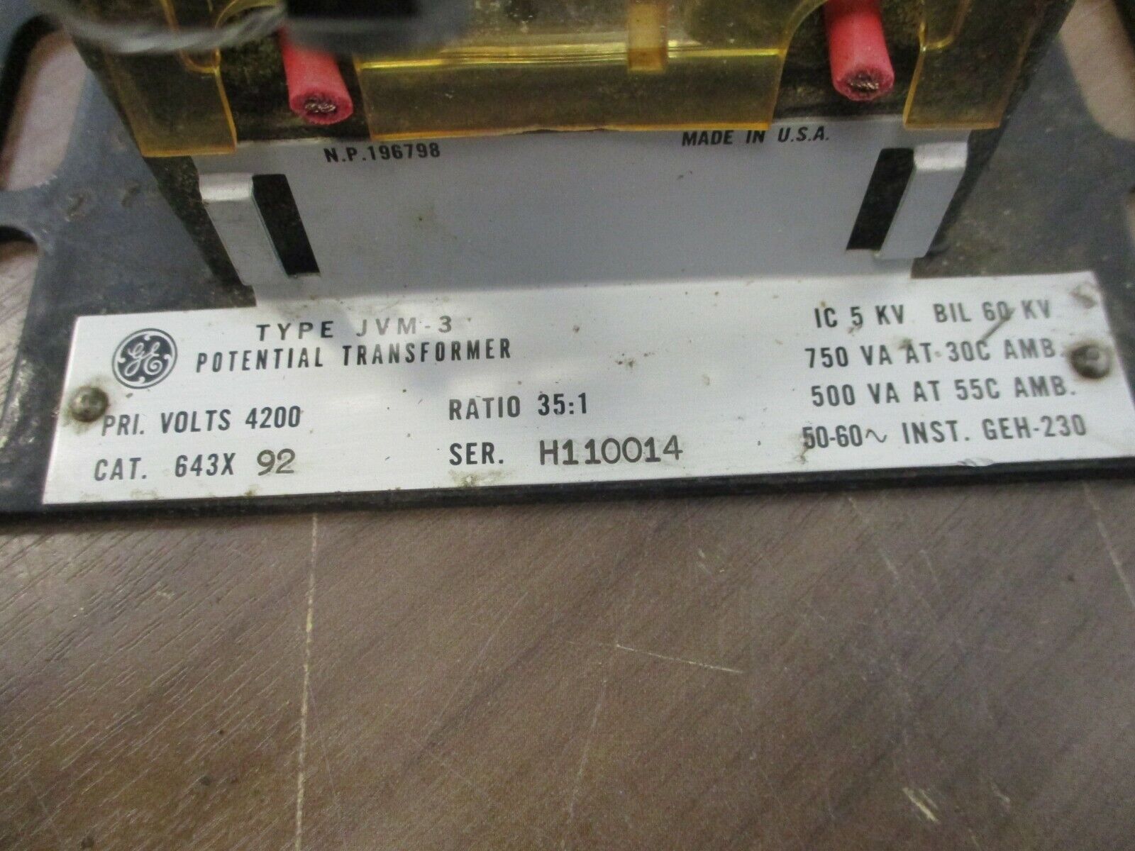 GE Type JVM-3 Potential Transformer 643X92 Ratio 35:1 Pri:4200V  50-60Hz  Used