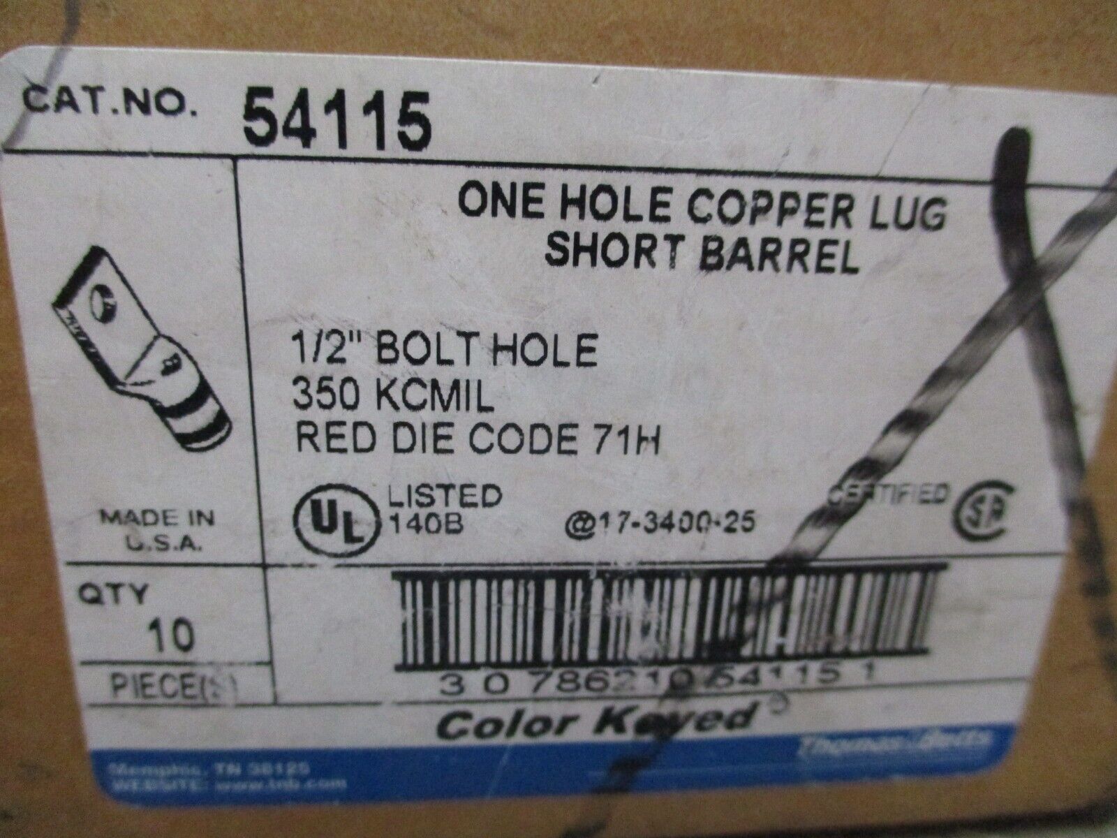 Thomas & Betts Crimp Lug 54115 1-Hole 350KCMIL *Box of 6* New Surplus