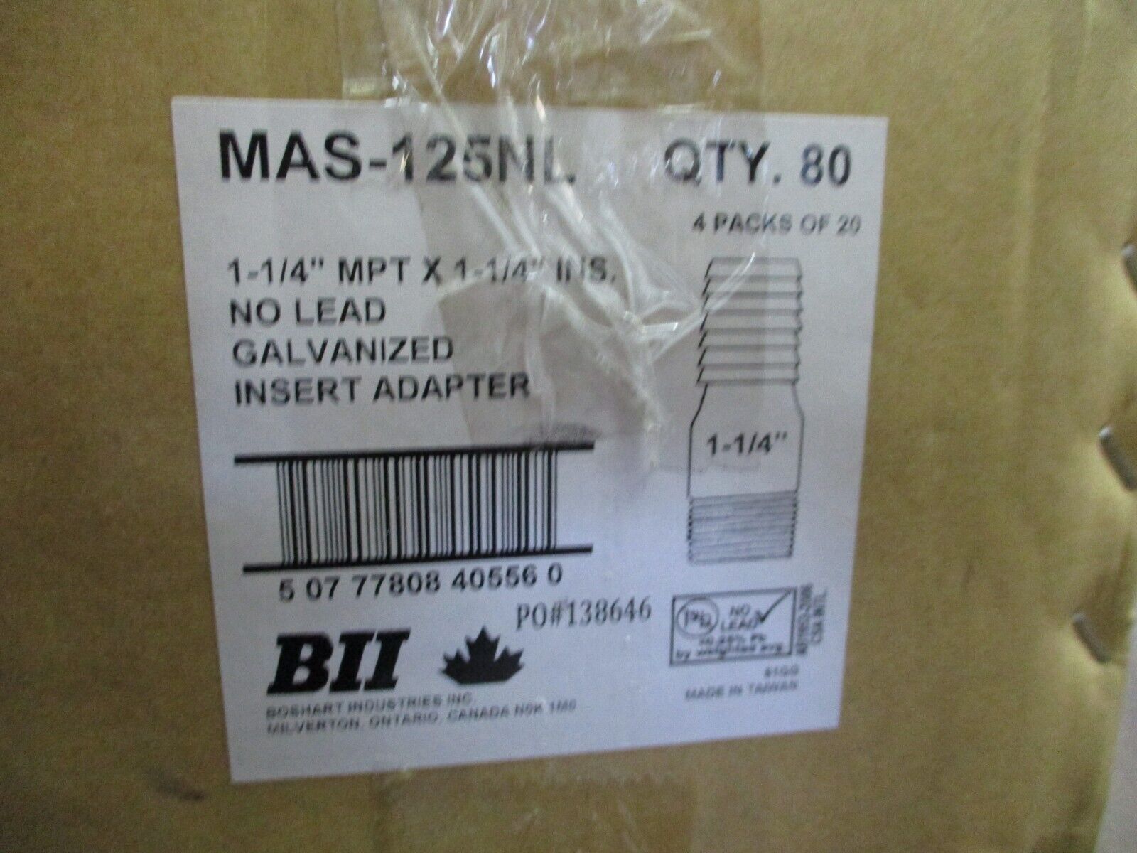 Boshart Galvanized Insert Adapter MAS-125NL 1-1/4" MPT x 1-1/4" Ins. No Lead