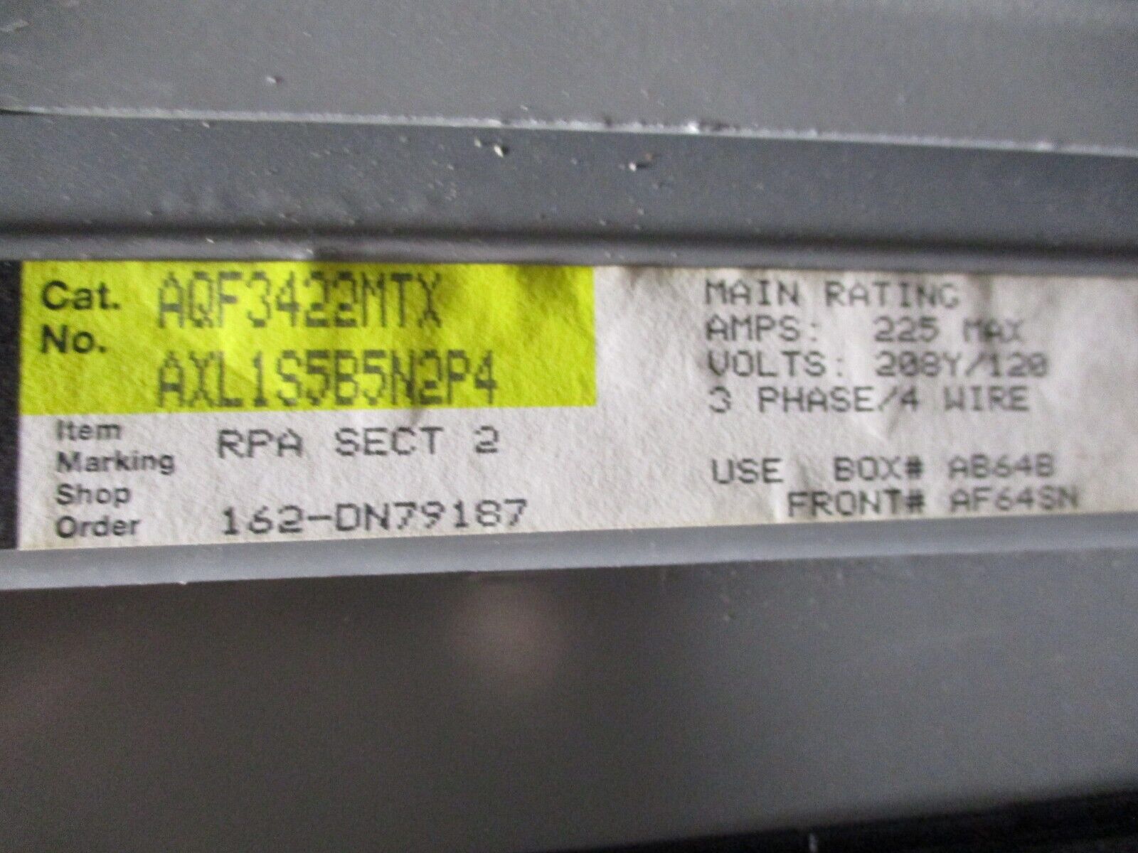 GE Main Lug Breaker Panel AQF3422MTX 225A Max 208/120V 3Ph 4W 42-Slot Used