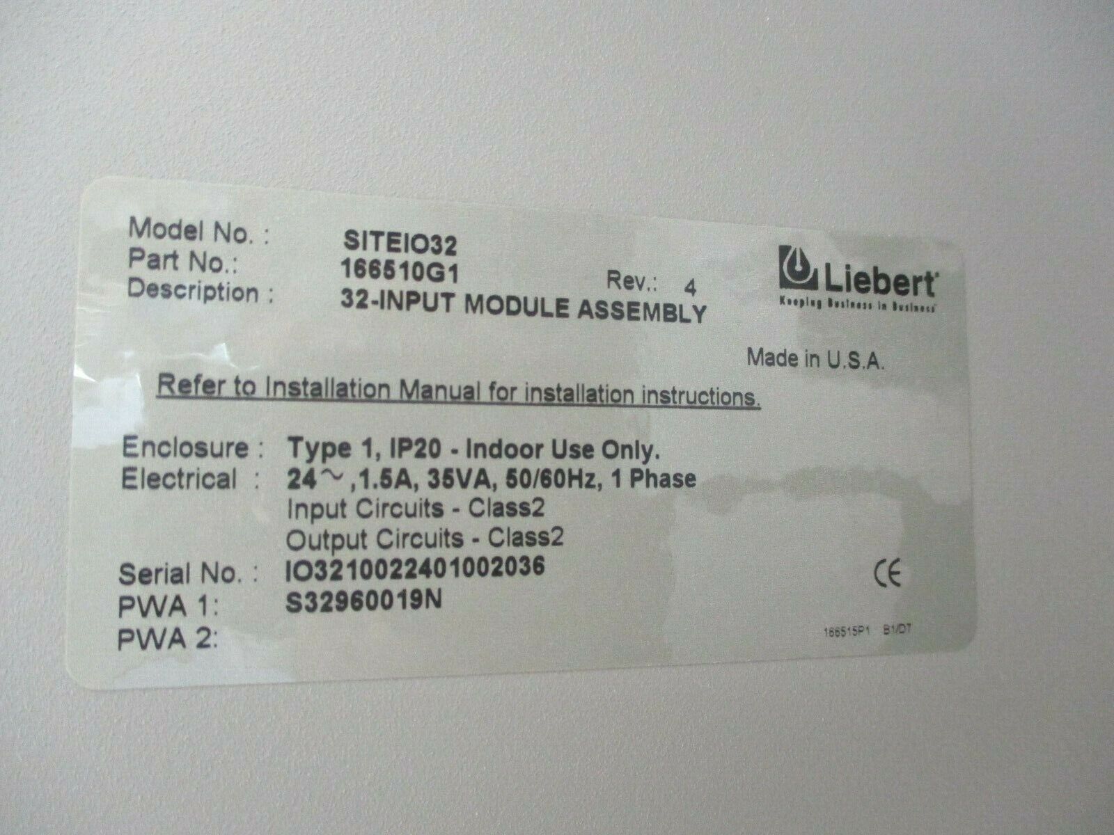 Liebert SITEIO32 32-Input Module Assembly 166510G1 Rev. 4 24VAC 50/60Hz 1Ph 1.5A