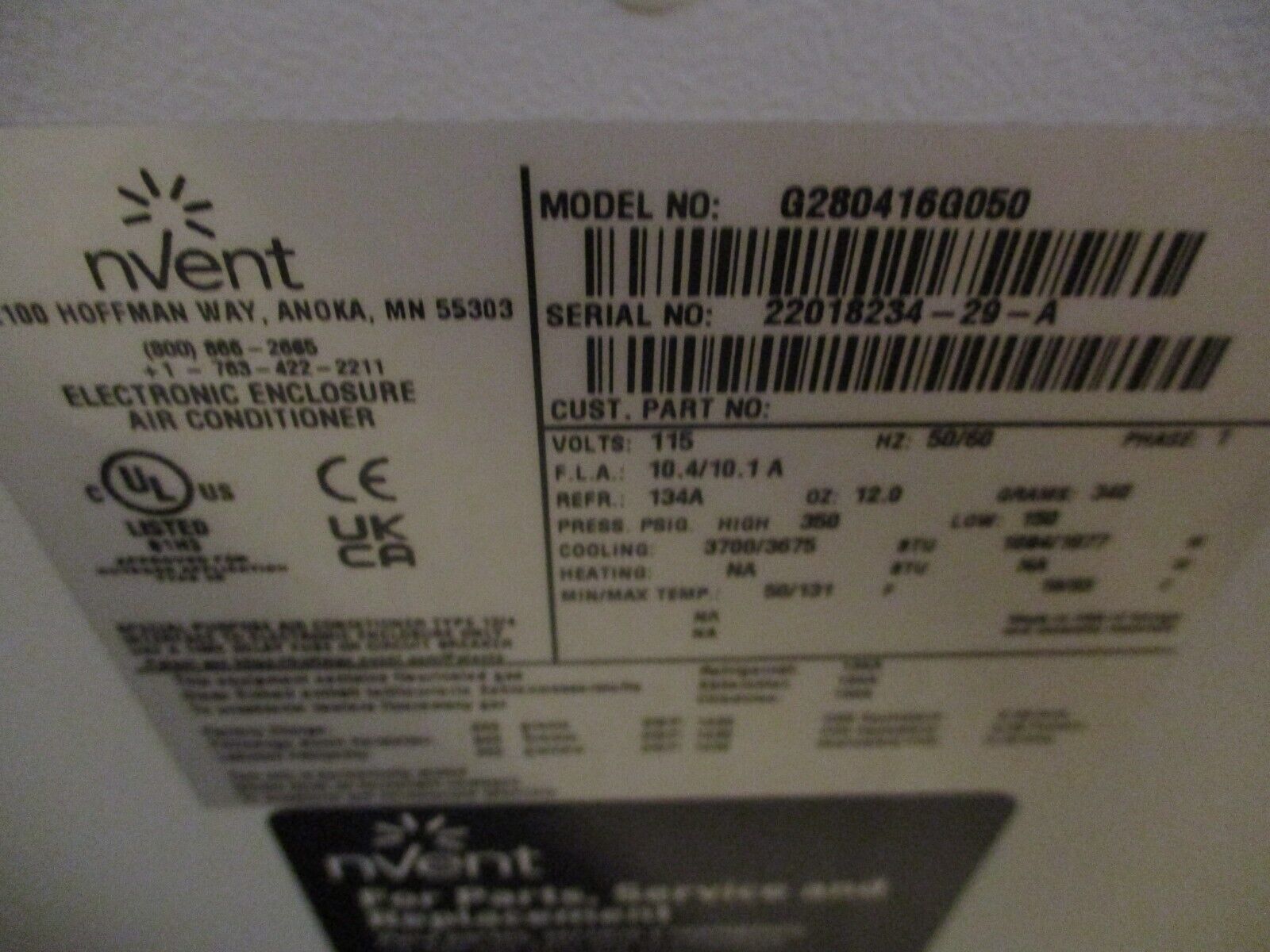 nVent Hoffmann Enclosure Air Conditioner G280416G050 3800/4000 BTU 115V 1Ph