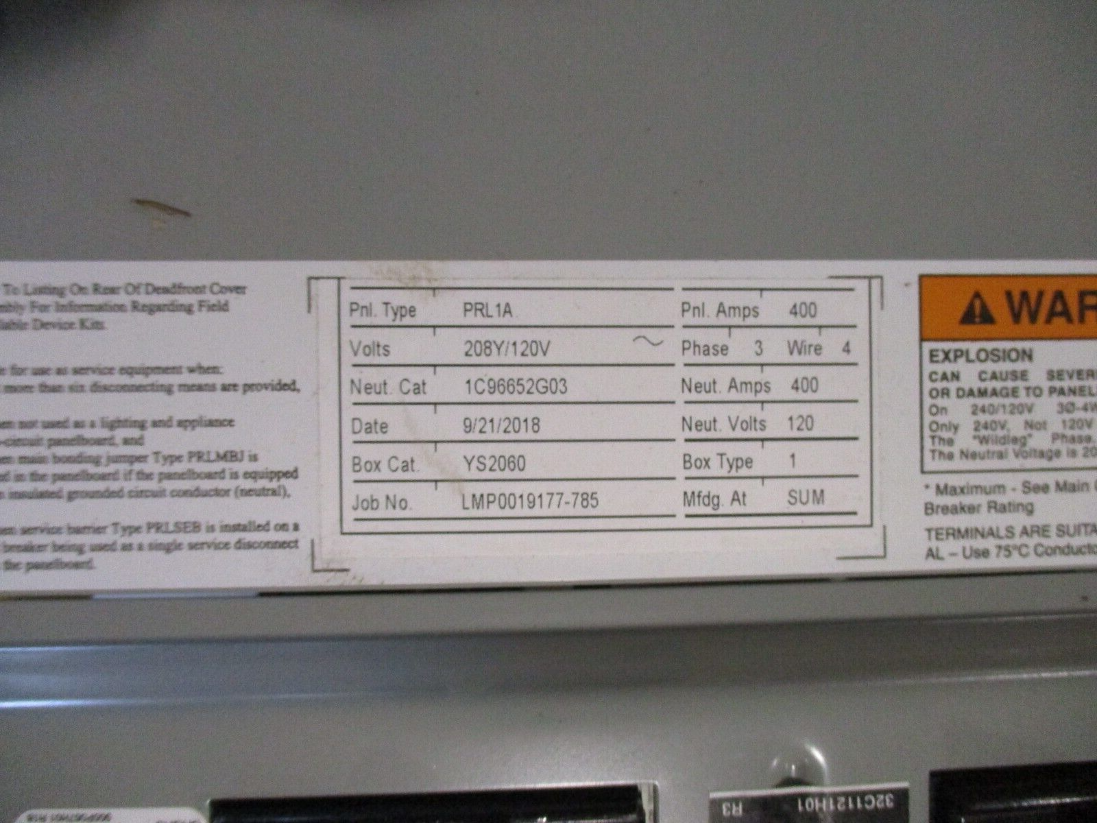 Eaton Panelboard Interior w/ Cover PRL1A / 2060 400A 208Y/120V 3Ph 4W 42-Space
