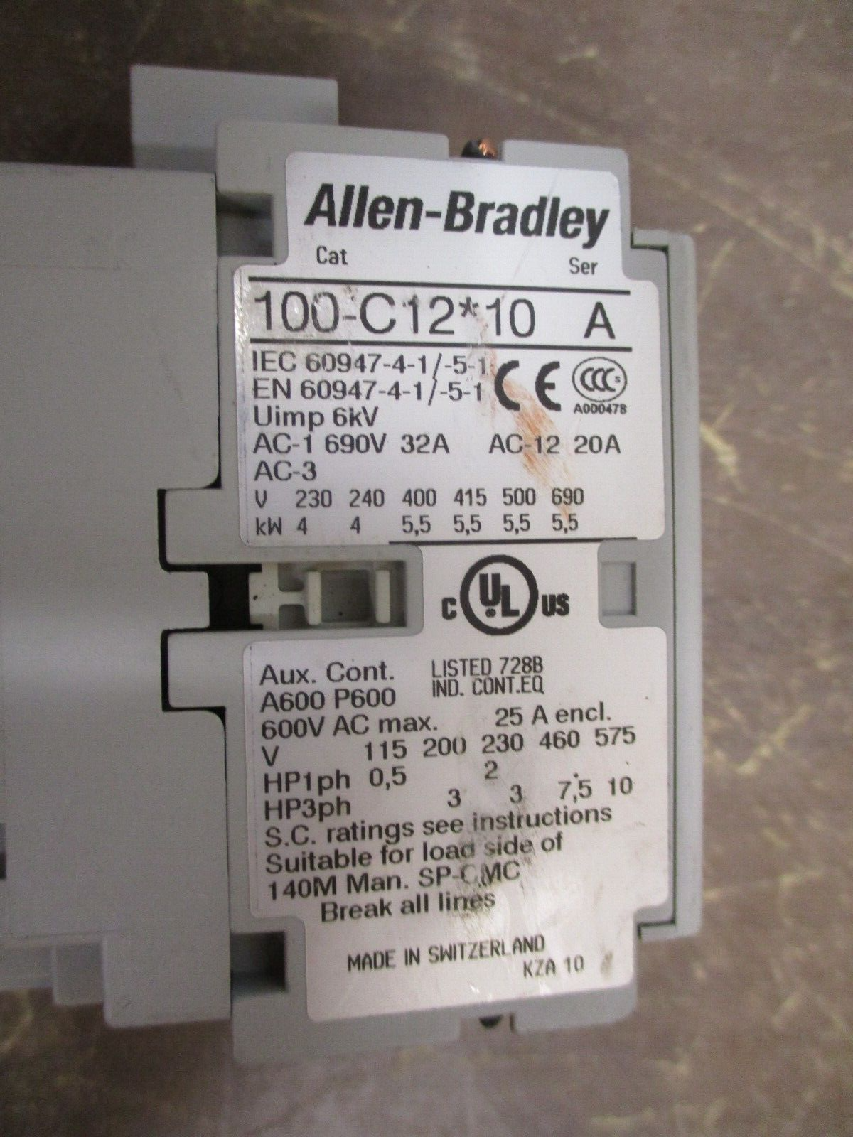 Allen-Bradley Contactor 100-C12*10 24V Coil 25A 600V *Damaged Top* Used