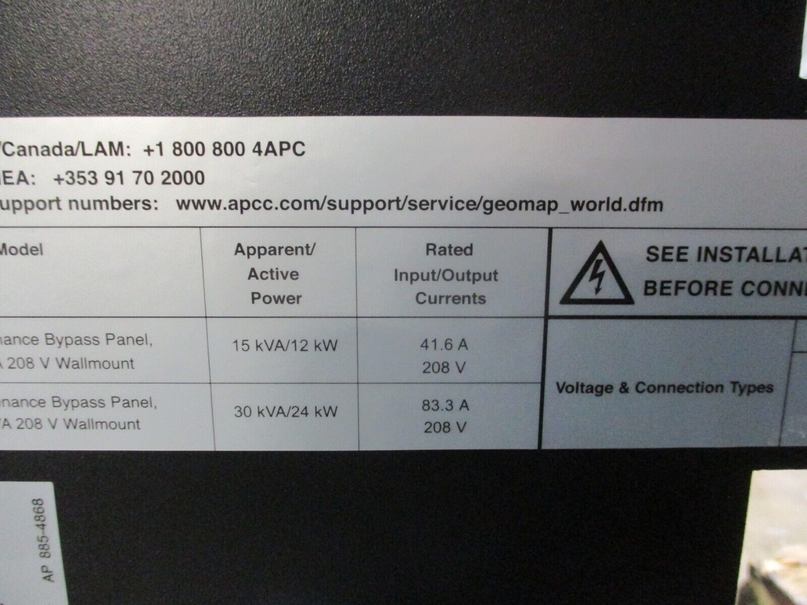 APC Maintenance Bypass Panel SBPSU20K30F-WP 30kVA/24kW 208Y/120V 60Hz 4W+G Used