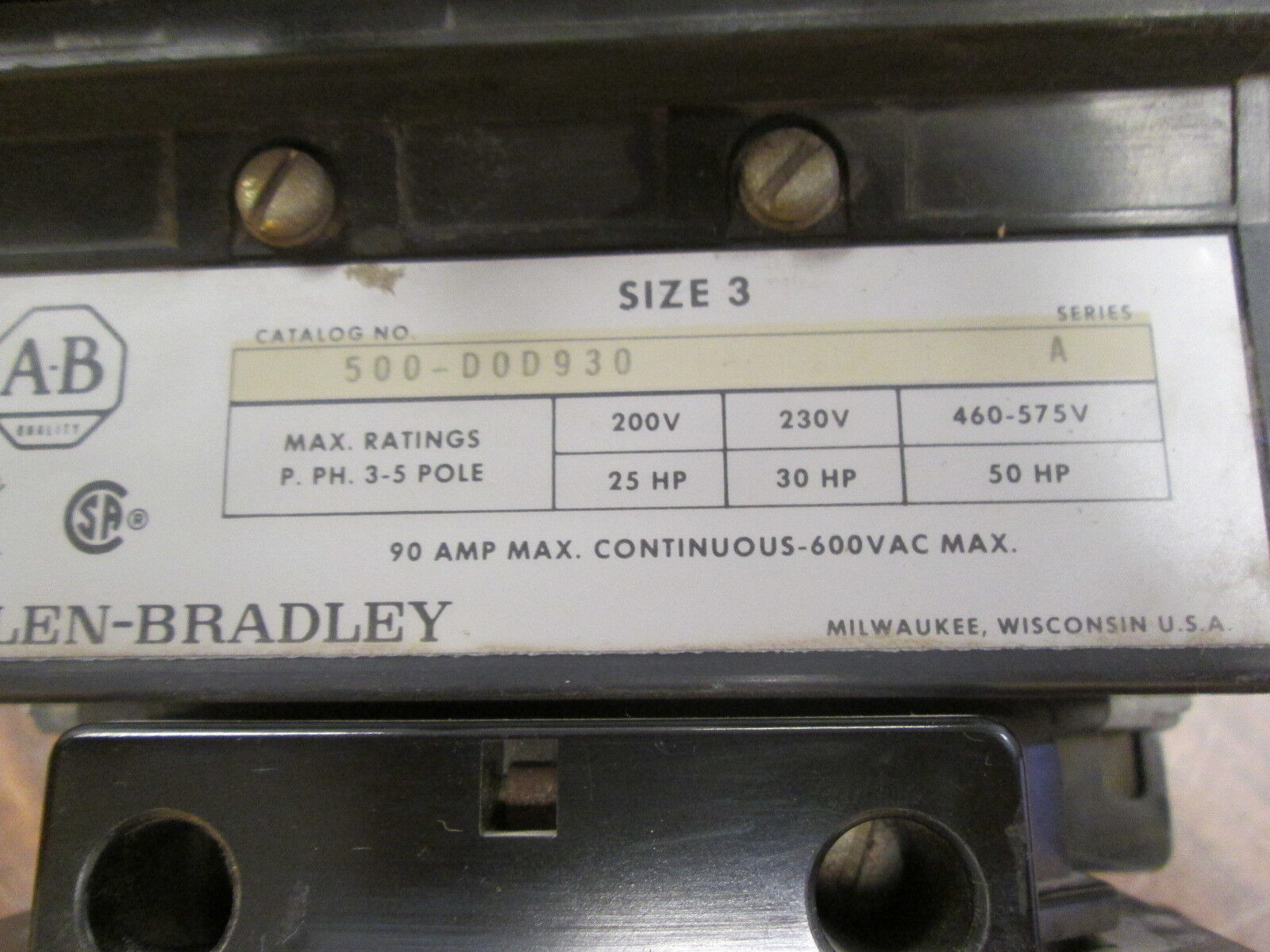 Allen-Bradley Size 3 Starter 500-D0D930 90A 600V 115-120V Coil Used