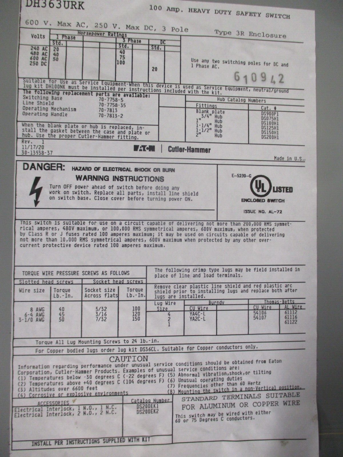 Eaton Non-Fusible 3R Saftey Switch/ Disconnect DH363URK 100A 600V 3P Used.