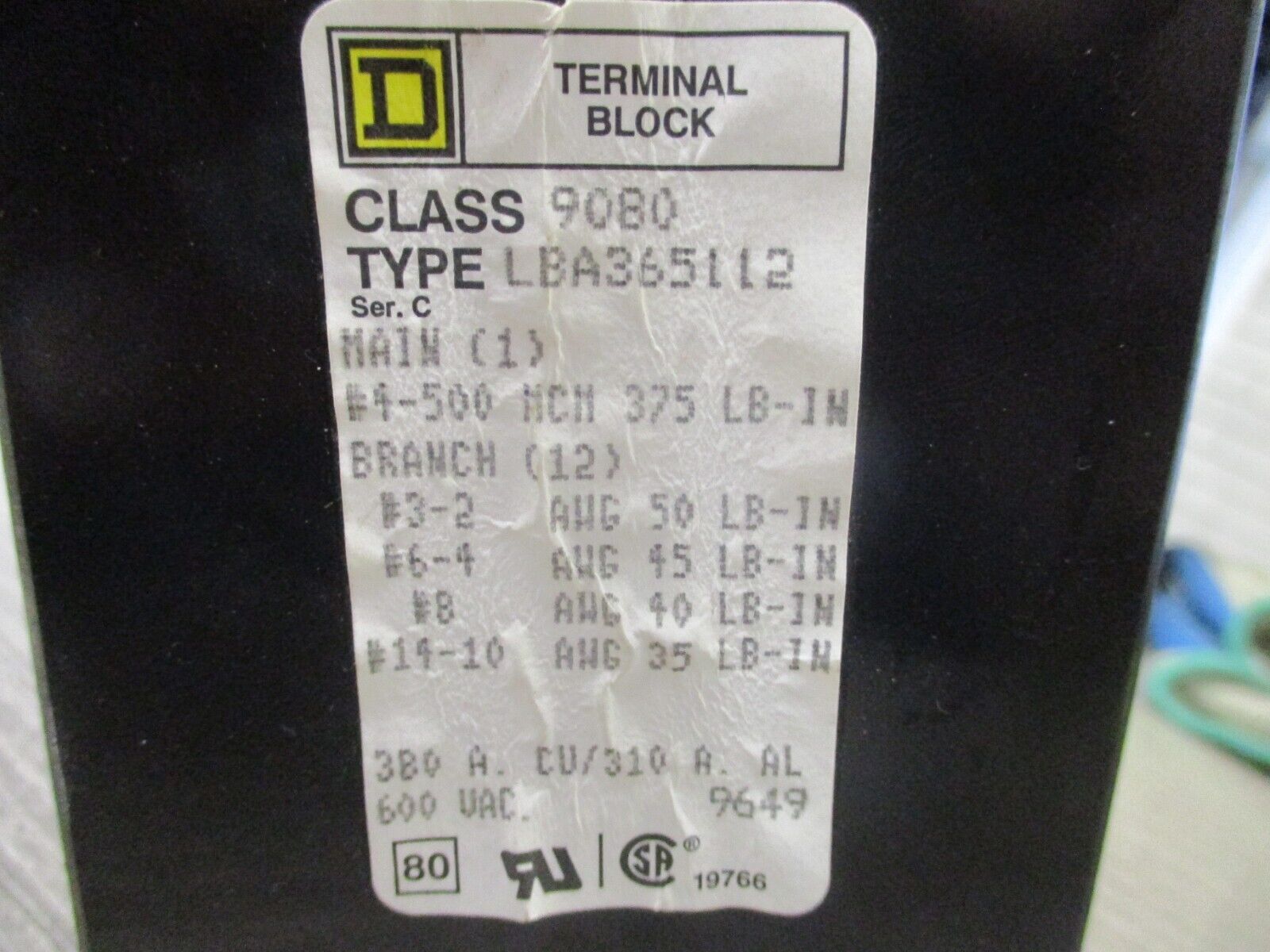 Square D Power Distribution Block 9080 LBA365112 380A 600V 3P Used