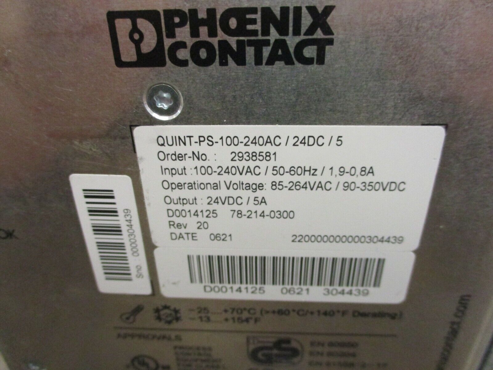 Phoenix Contact Power Supply QUINT-PS-100-240AC/24DC/5 Rev. 20 Used
