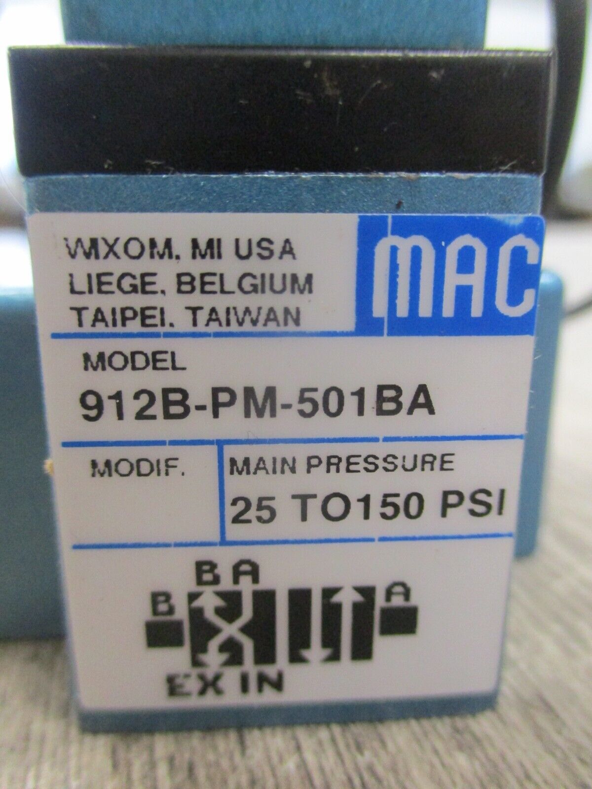 MAC Solenoid Valve 912B-PM-501BA 25-150PSI Used