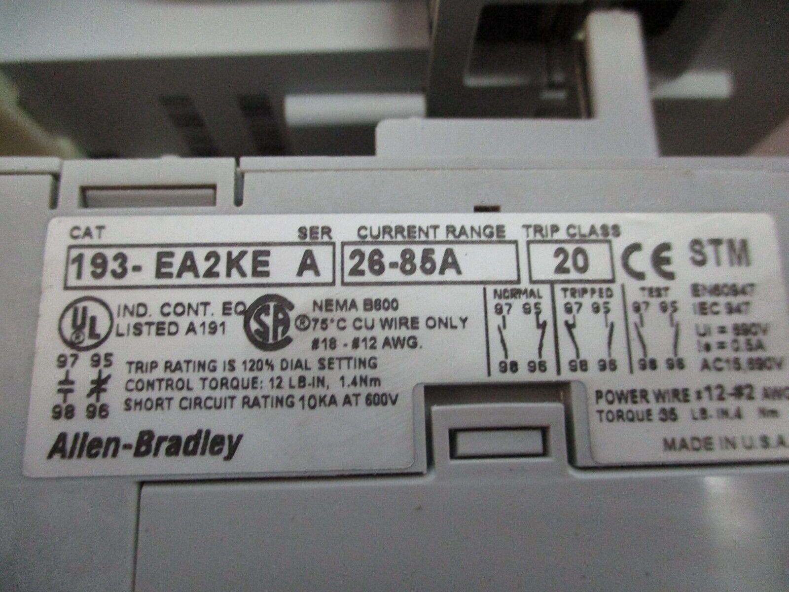 Allen-Bradley Starter 100-C60*00/193-EA2KE 120V Coil Trip: 26-85A 600V Used