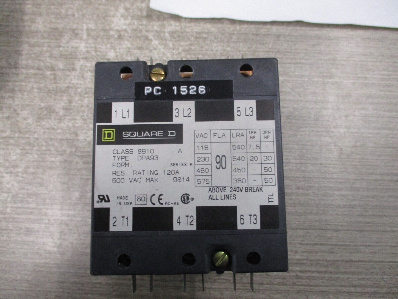 Square D Contactor 8910 DPA93 120V Coil 90A 600V Used
