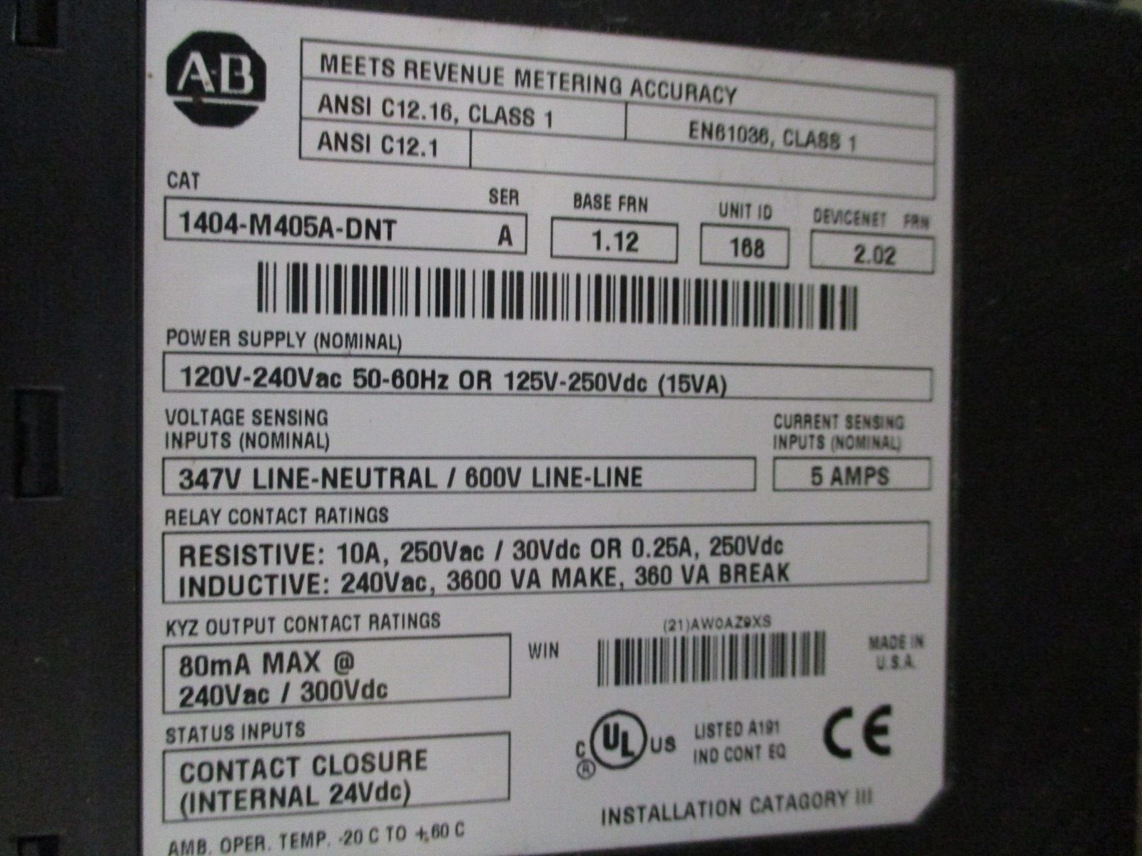Allen-Bradley Powermonitor 3000 Control Module 1404-M405A-DNT Ser. A Used