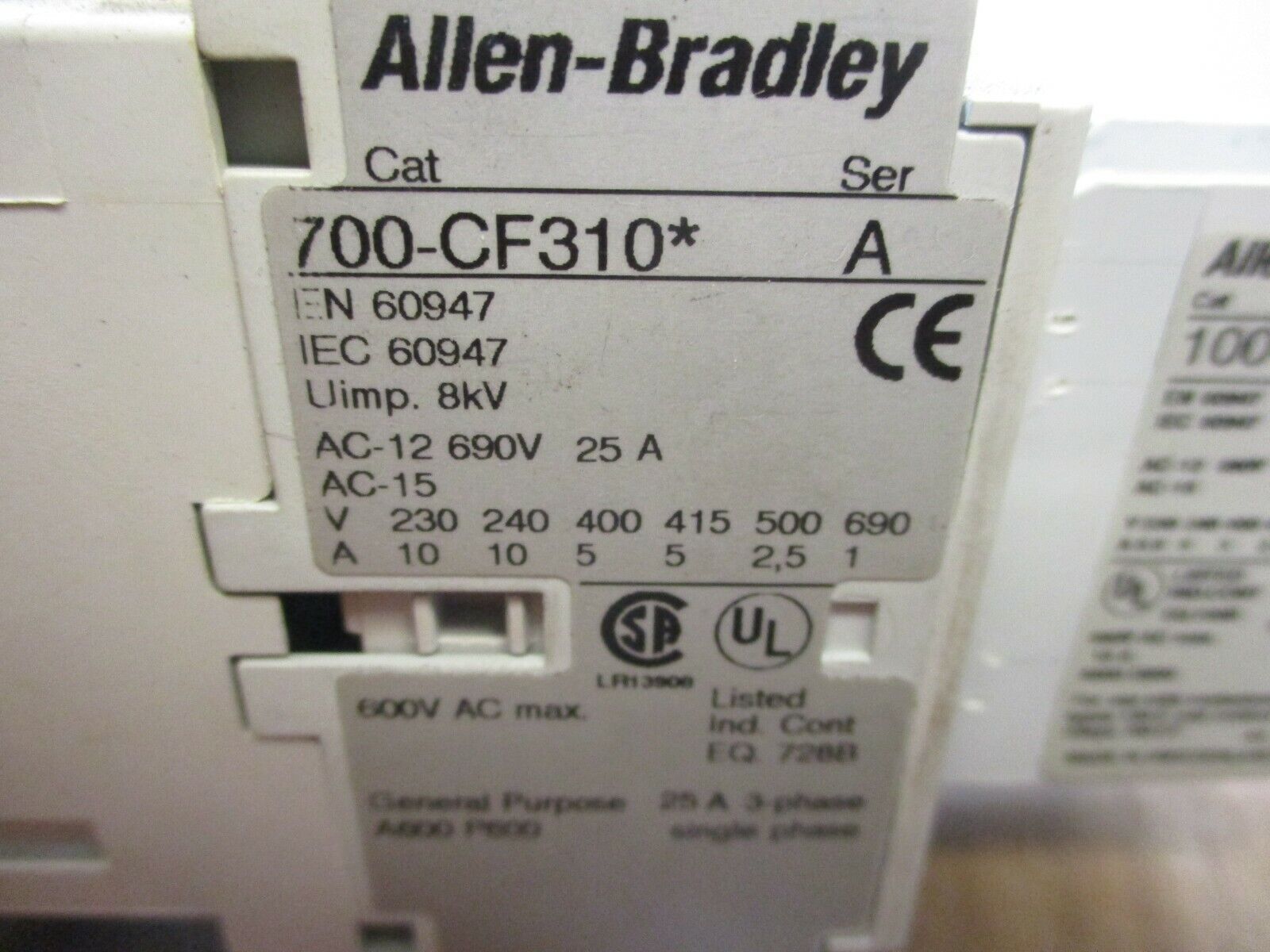 Allen-Bradley Contactor 700-CF310* 120V Coil 25A 600V w/ Aux Contact Block Used