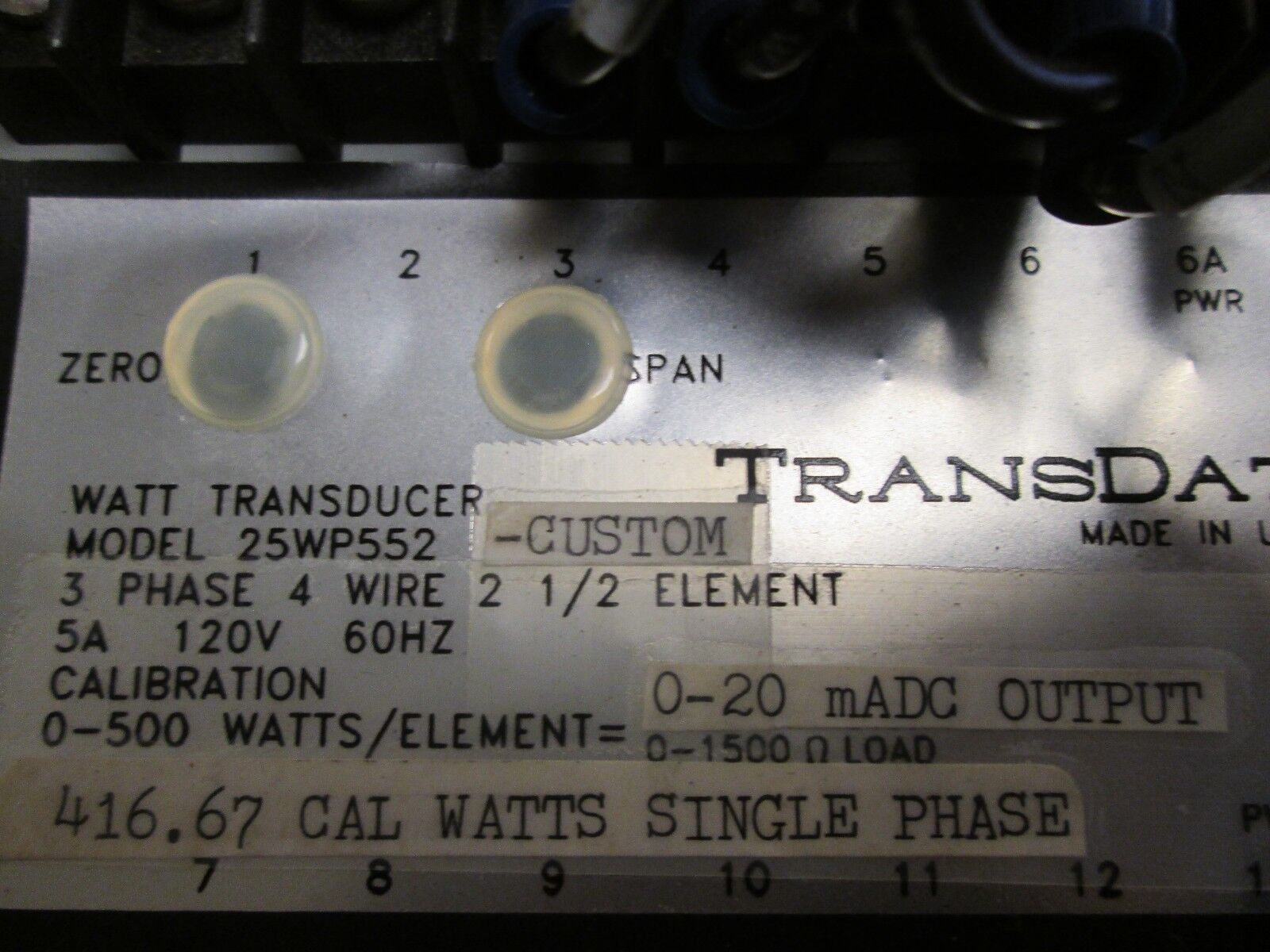TransData Watt Transducer 25WP552 3Ph 4W 2 1/2 Element 5A 120V 60Hz Used