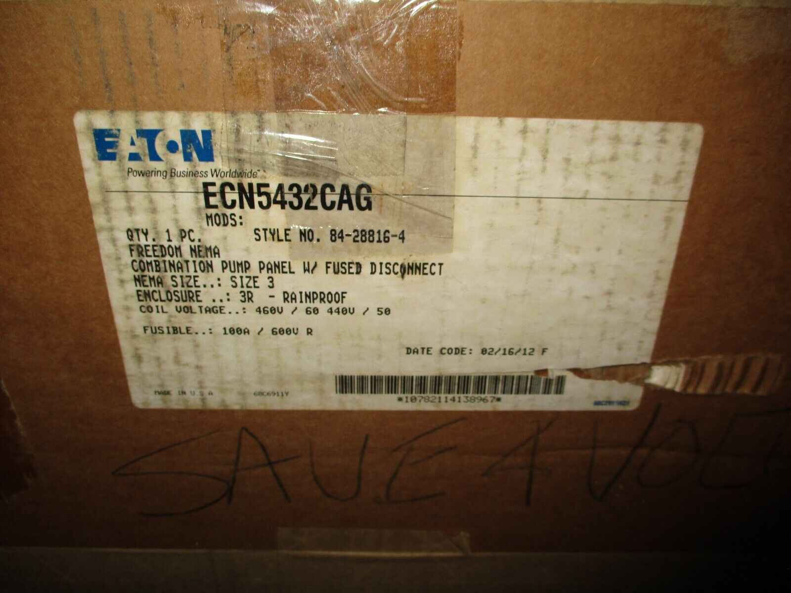 Eaton Size 3 Fusible Combination Pump Panel ECN5432CAG 460V Coil 3R Enclosure
