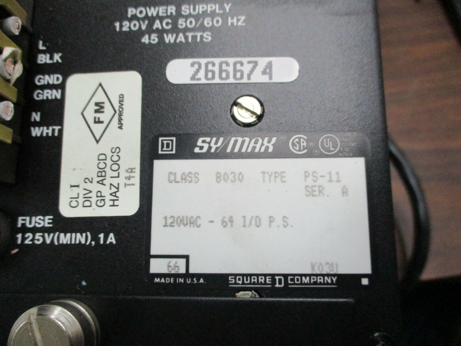 Square D SY/Max Power Supply 8030 PS-11 Ser. A 45W 120VAC 50/60Hz Used