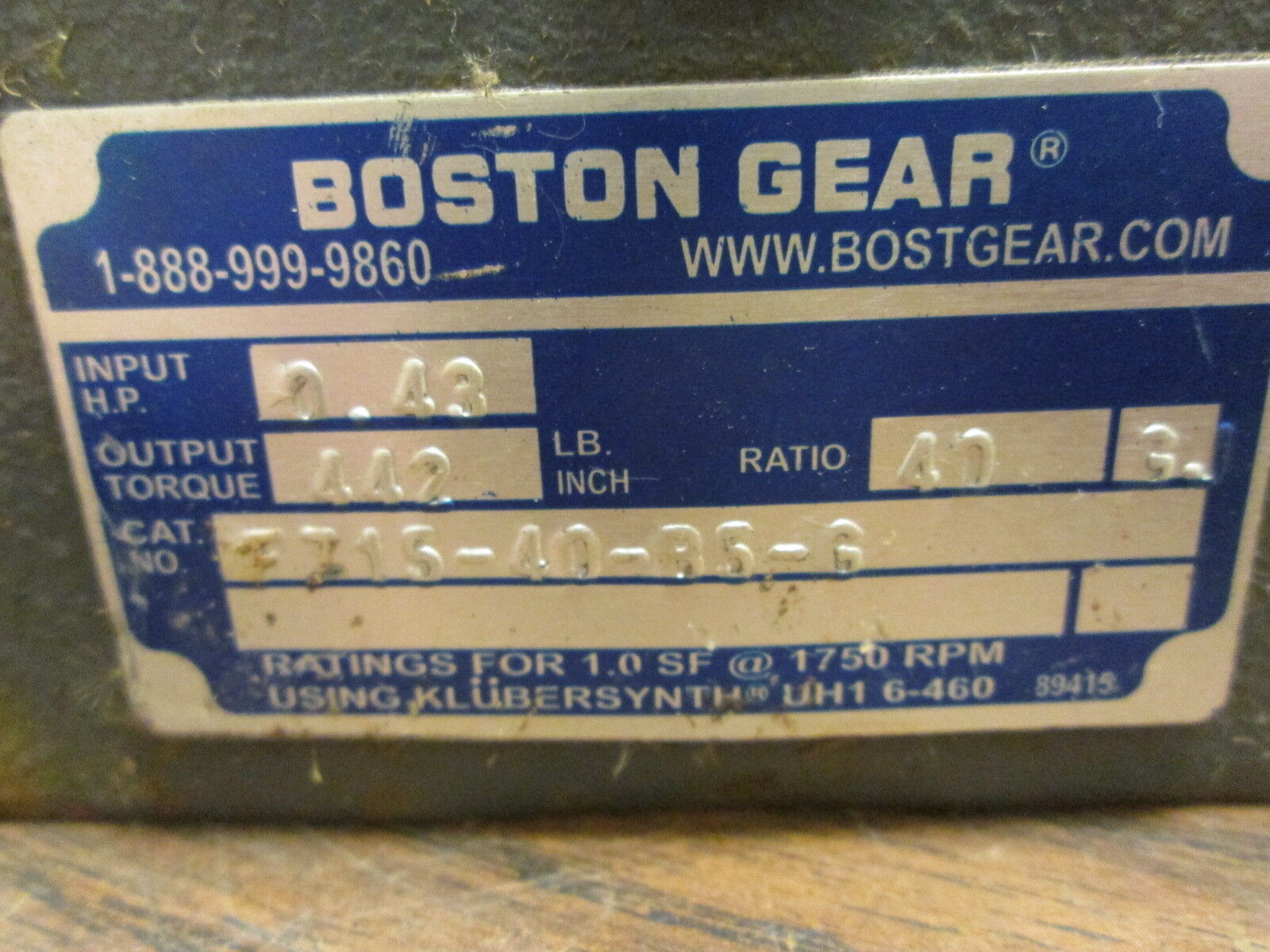 Boston Gear Reducer F715-40-B5-G Ratio 40:1 0.43HP In 442 In/Lb Output Used