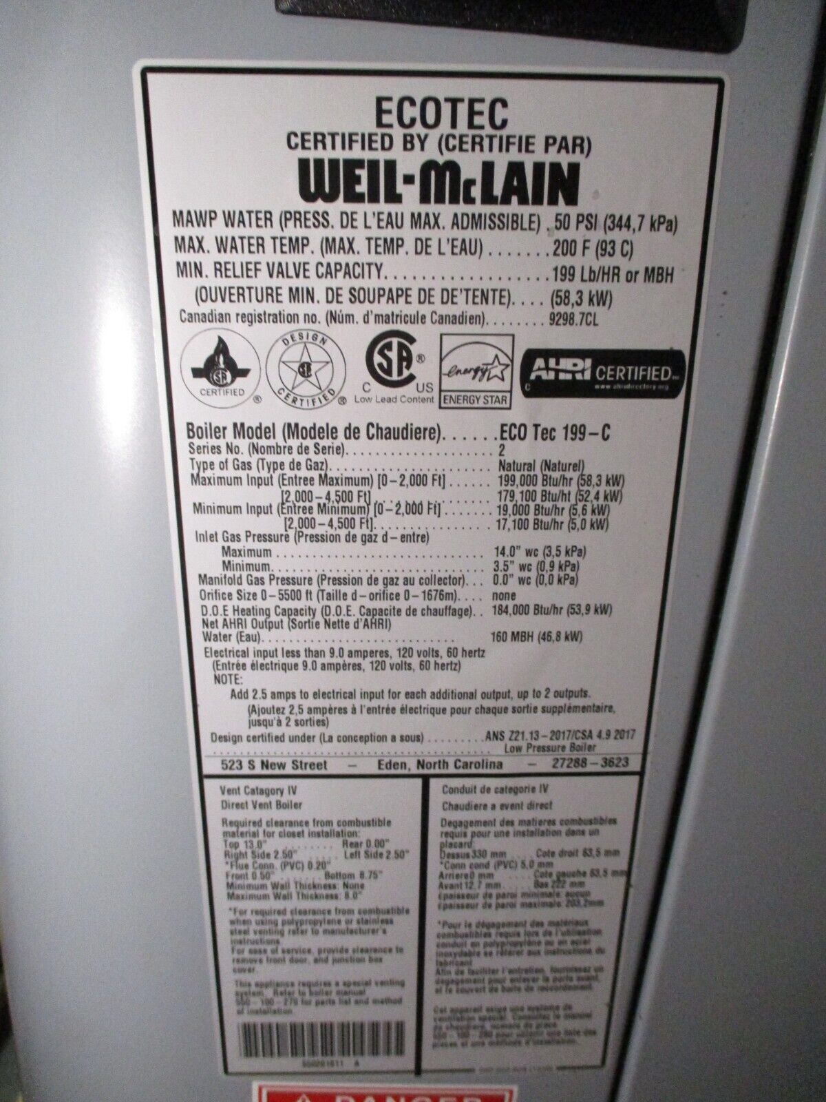 Weil-Mclain Ecotec Natural Gas Boiler ECO Tec 199-C Ser. 2 Input: 199,000 BTU