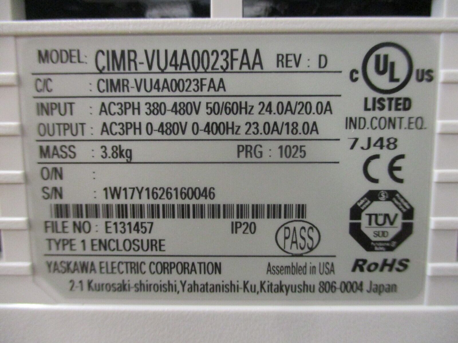 Yaskawa V1000 AC Drive CIMR-VU4A0023FAA Rev. D 10HP 380-480V New Surplus