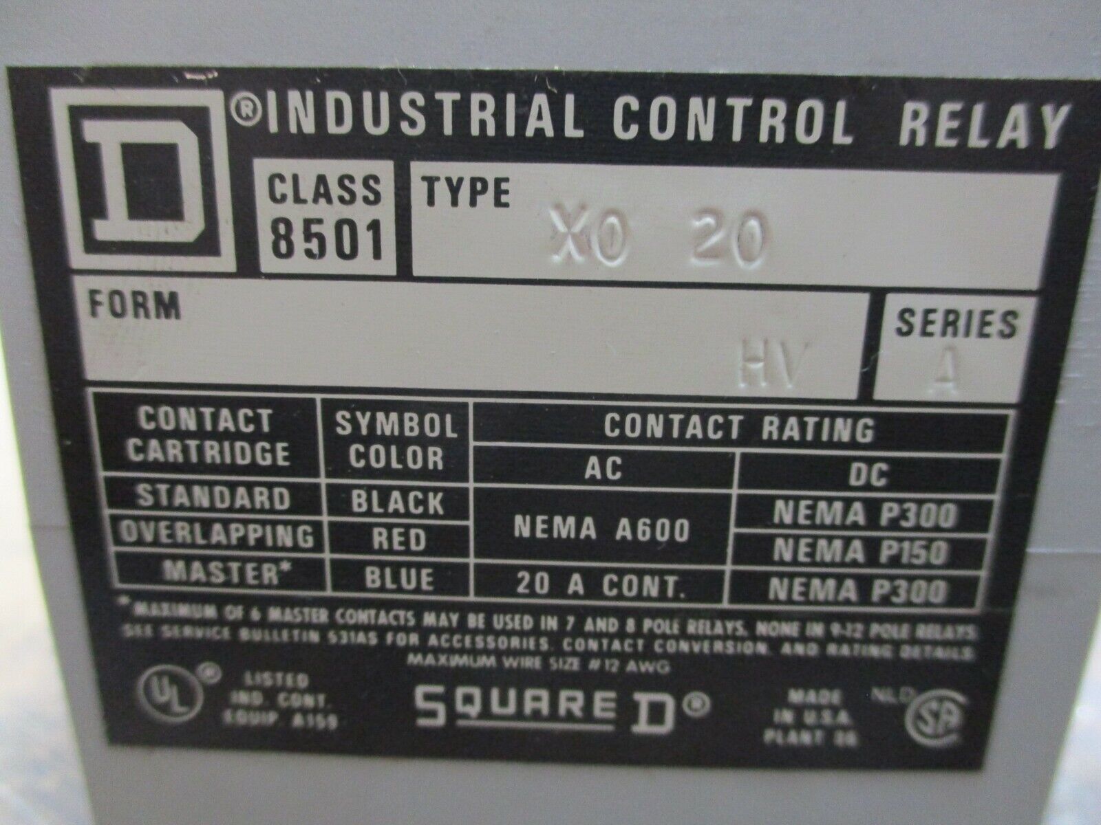 Square D Control Relay 8501 X0 20 HV Ser. A 120V Coil 20A 600V *Lot of 2* Used