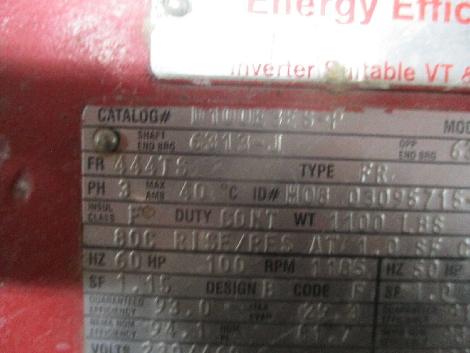 Emerson AC Motor D100E3ES-P 100HP 1200RPM 230/460V 244/122A 444TS Frame Used