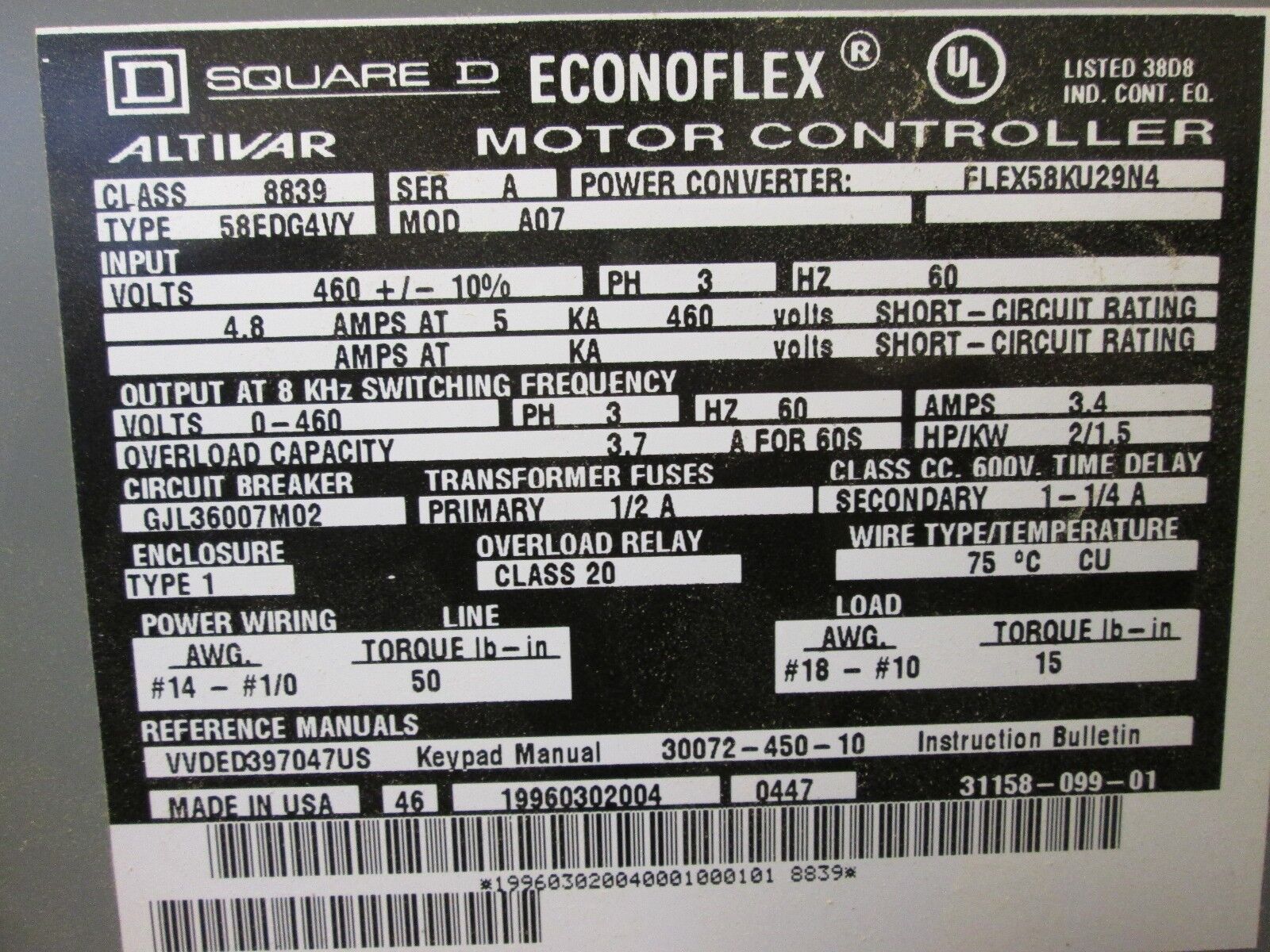 Square D Econoflex 883958ED64VY 2HP 3Ph 460V Used