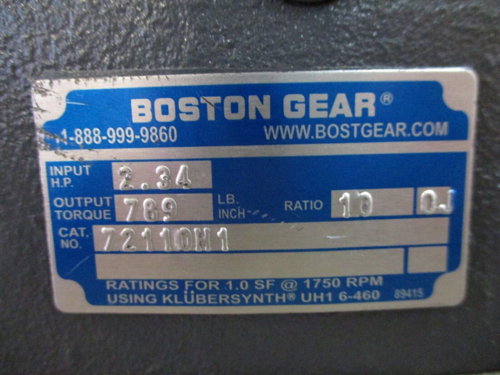 Boston Gear Reducer 72110H1 Ratio 10:1 2.34 HP IN 789 LB-IN Torque Out Used