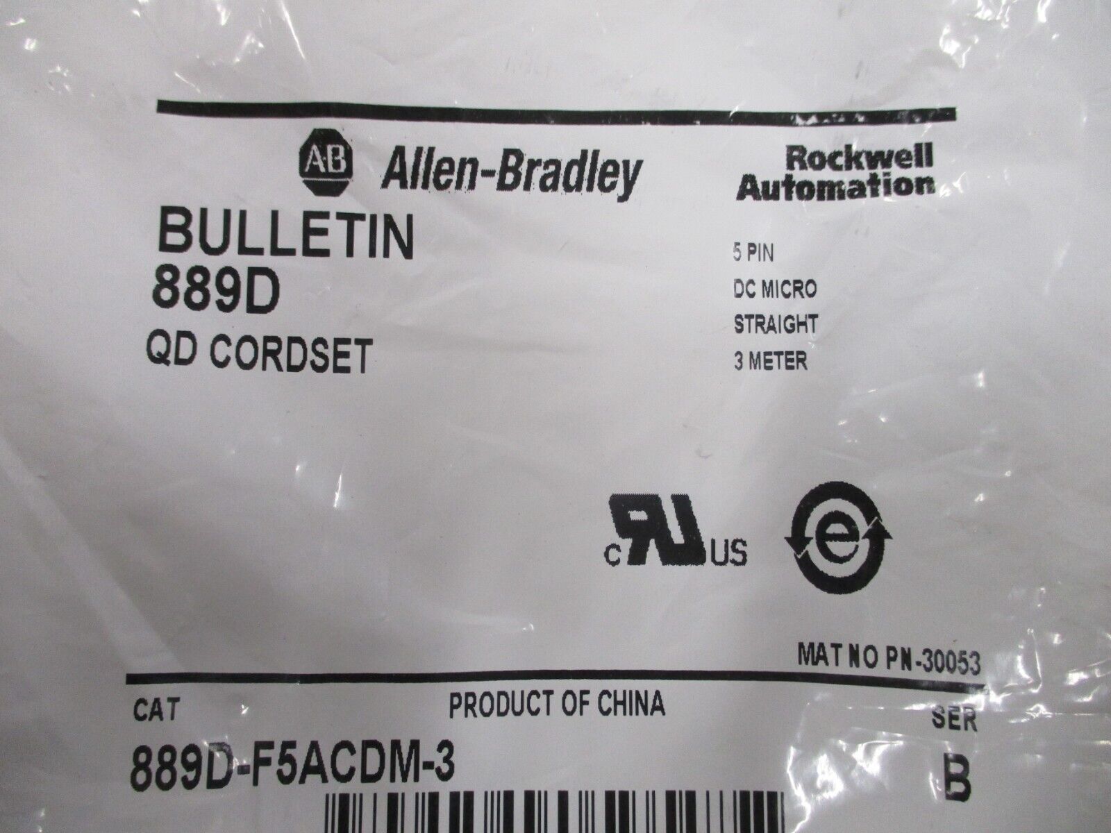 Allen-Bradley QD Cordset 889D-F5ACDM-3 Ser. B 5 Pin 3 Meter DC Micro New Surplus