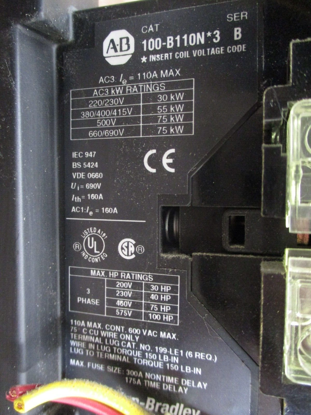 Allen-Bradley Starter 100-B110N*3 / 193-A5L4 120V Coil Trip: 66-110A 600V Used