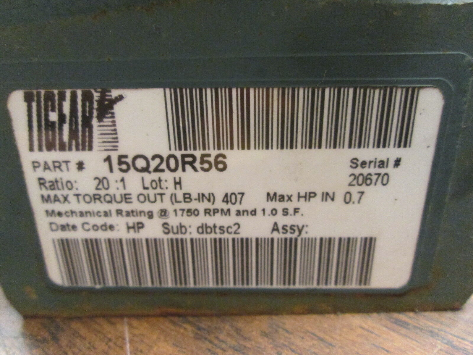 Dodge Tigear 2 Reducer 15Q20R56 Ratio 20:1 407 LB/In Torque Out 0.7HP In Used