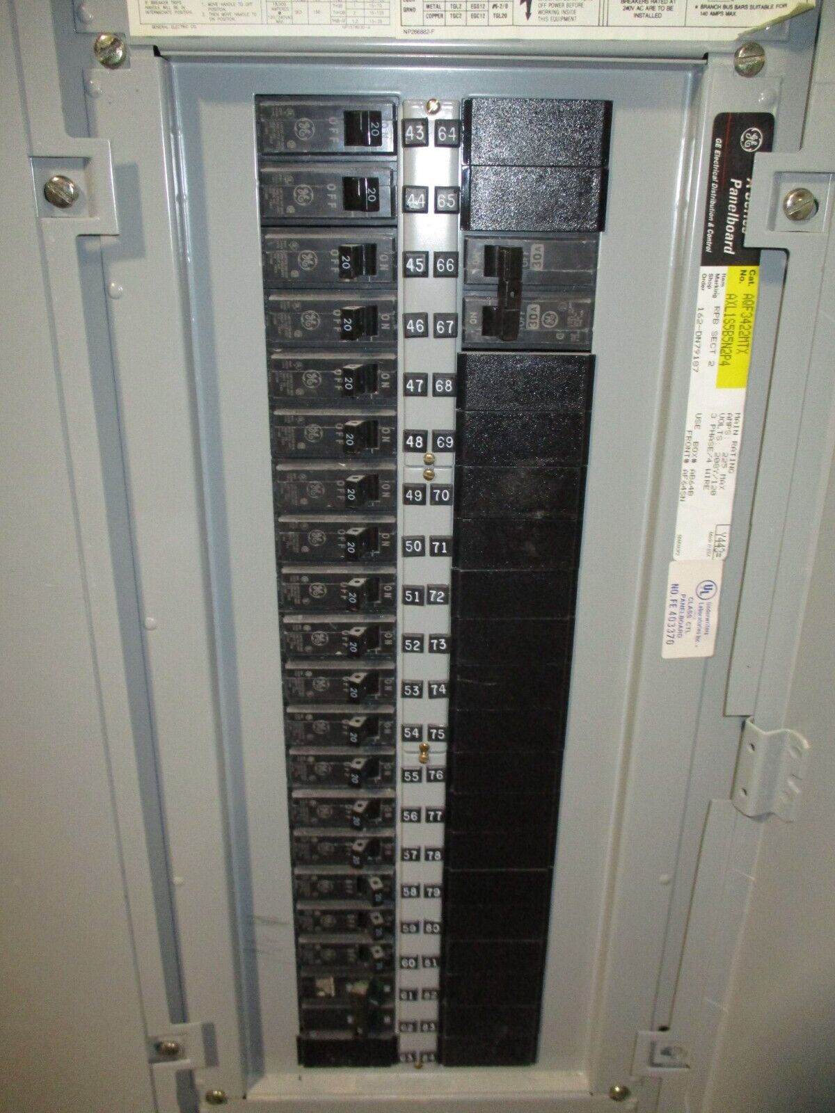 GE Main Lug Breaker Panel AQF3422MTX 225A Max 208/120V 3Ph 4W 42-Slot Used