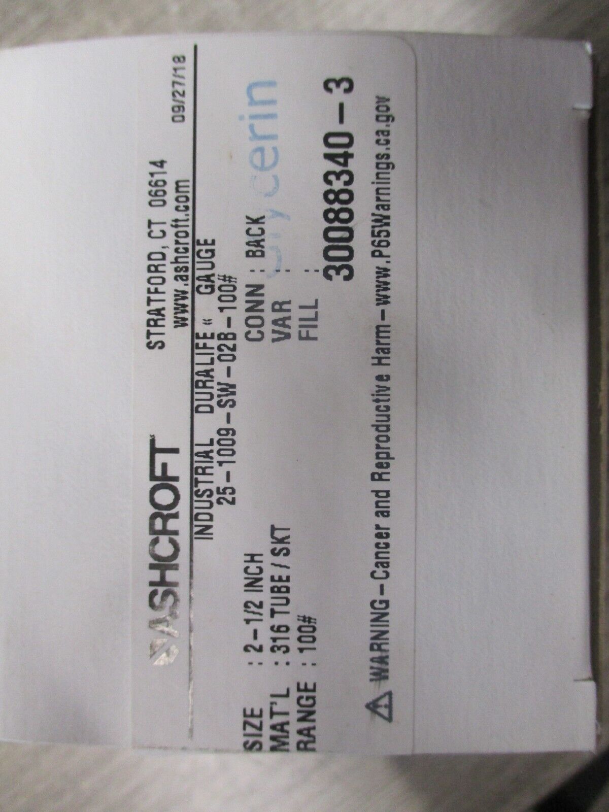 Ashcroft Industrial Duralife Pressure Gauge 25-1009-SW-02B-100H New Surplus