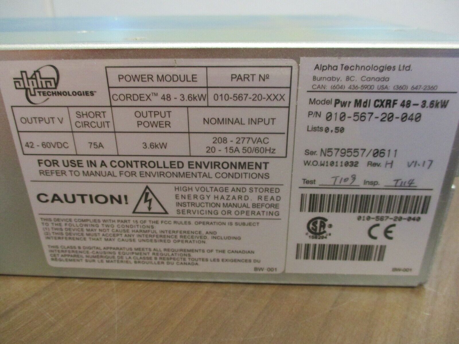 Alpha Technologies Codex Rectifier 010-567-20-040 Rev. H Used