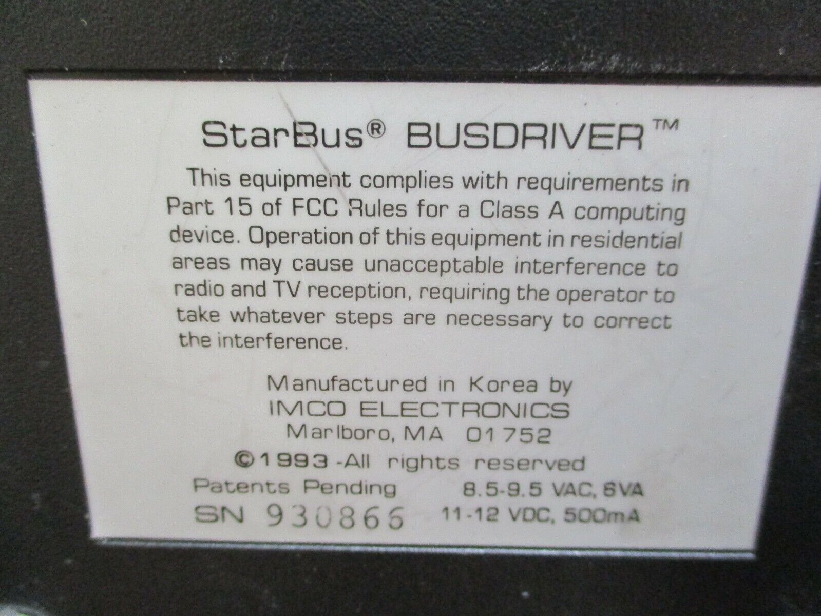IMCO StarBus Busdriver Power: 8.5-9.5VAC 6VA 11-12VDC 500mA Used