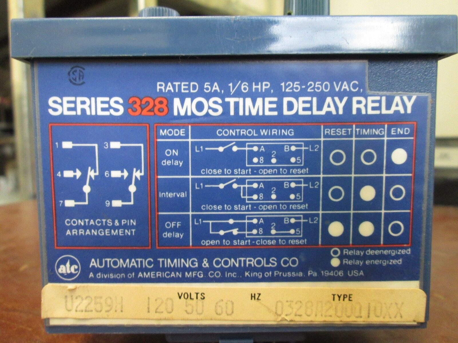 ATC 328 MOS Time Delay Relay 0328A200Q10XX 120V No Base Used