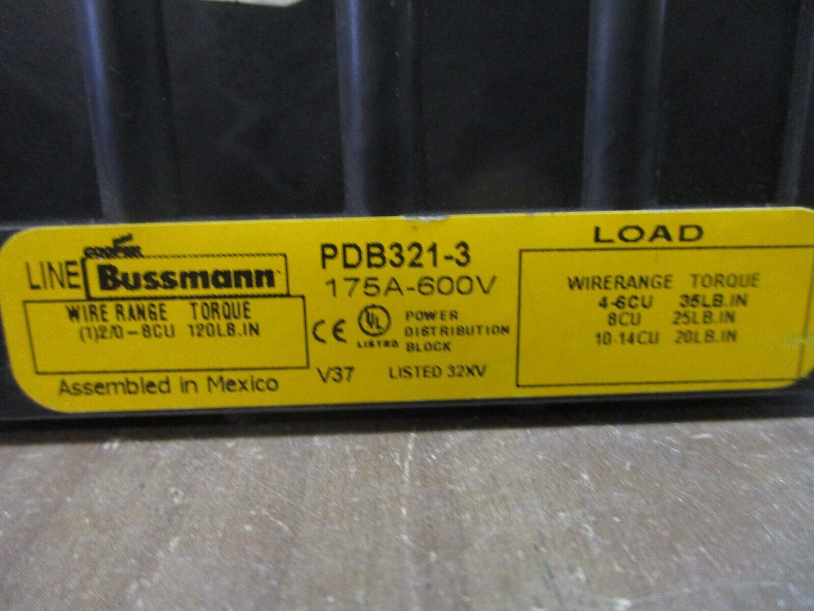 Bussmann Power Distribution Block PDB321-3 175A 600V 3P Line(1): 2/0-8 Used