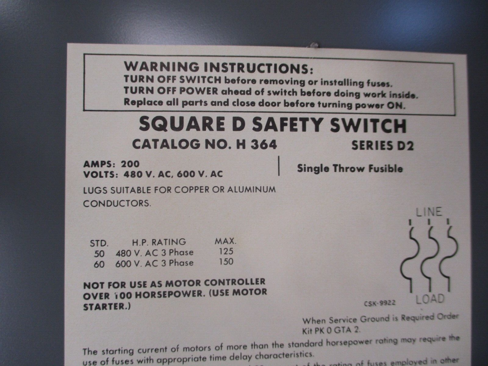 Square D Fusible Safety Switch / Disconnect H 364 Ser. D2 200A 600V 3P Used